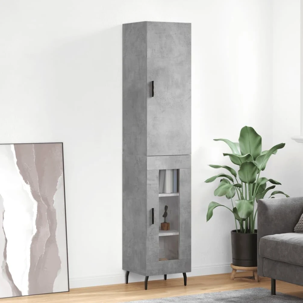 Armadietto alto in legno grigio cemento, 34,5 x 34 x 180 cm, con molto spazio e piedini in metallo, per soggiorno, comò e credenza, elegante armadio da corridoio dal design pratico
