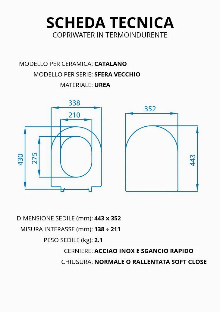 Copriwater per CATALANO SFERA VECCHIO TERMOINDURENTE BIANCO cerniera inox normale o rallentata soft close