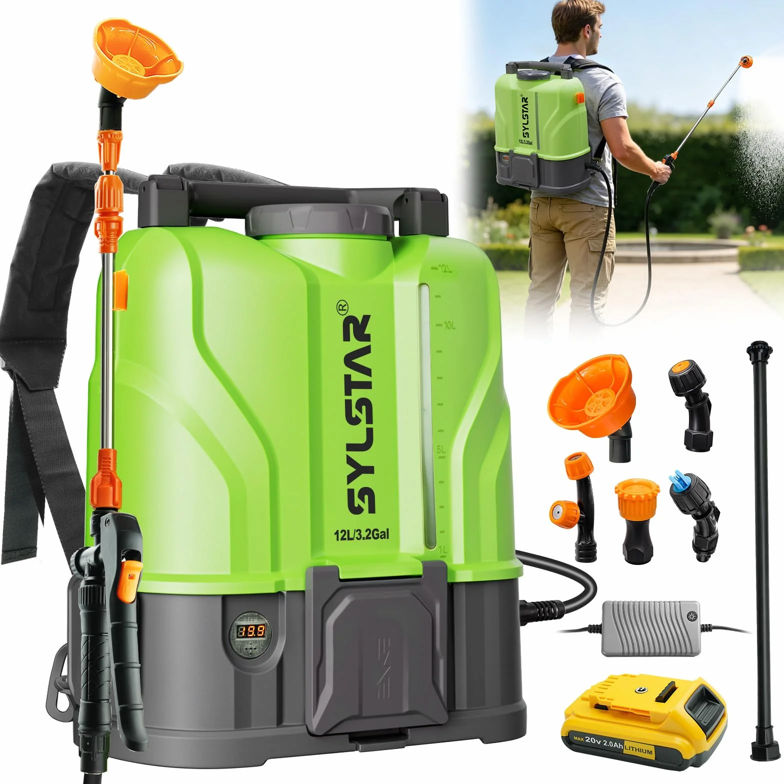 SYLSTAR Pompa Irroratrice a Batteria 12L, 7Bar Potente Pompa a Spalla a Batteria Compatibile con DeWalt 18V Batterie, Spruzzatore Elettrico Velocità Regolabile,5 Ugelli (Caricabatterie Incluso)