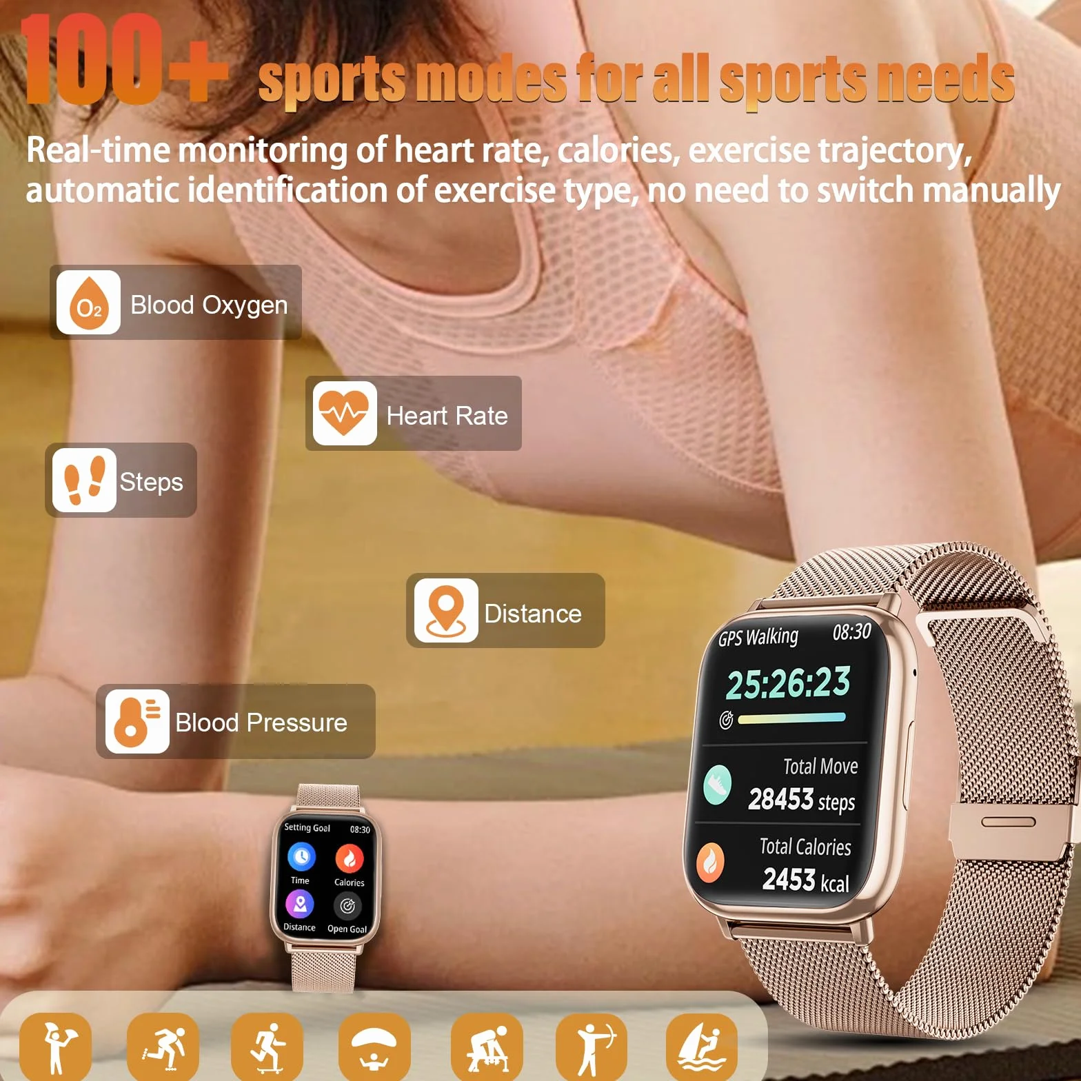 SLOKSFil Smartwatch Damen mit Telefonfunktion, 3 Armbänder 1.83" HD Fitness Tracker mit 24H Pulsmesser SpO2 Schlafmonitor 120+ Sportmodi IP68 Schrittzähler Smart Watch für iOS Android Roségold