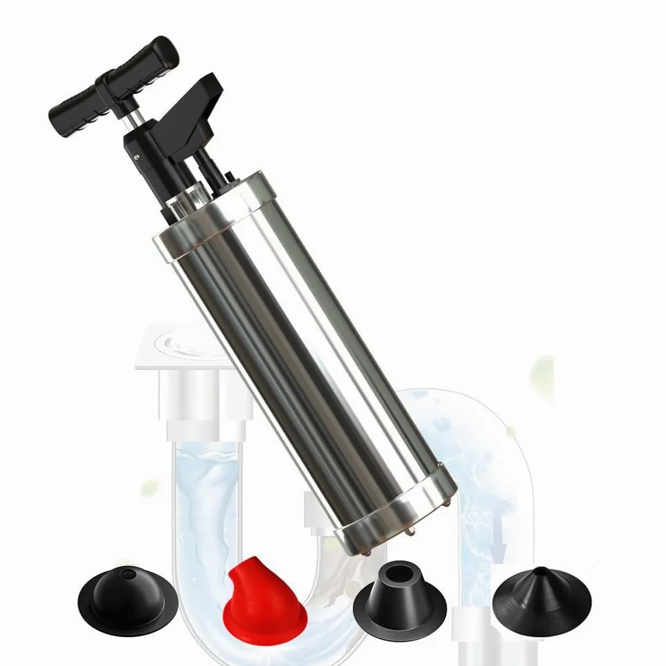 Pompa Sturalavandino ad Aria Compressa con Barometro, Pompa Stura Scarichi a Pressione con 4 Testine Sostituibili, Sturalavandini a Pressione, per Sgorgare Tubature Ostruite, Rosso