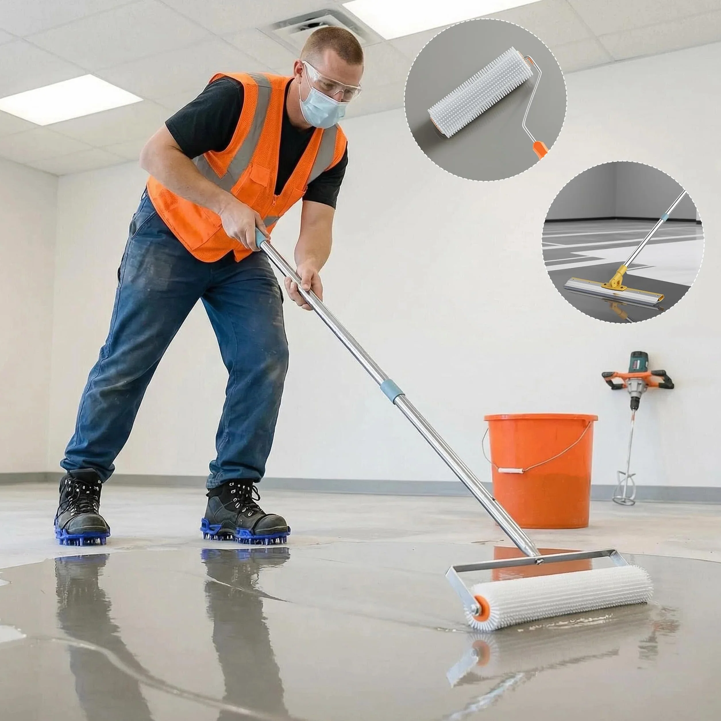 Set di attrezzi per il rivestimento del pavimento, composto di compensazione con rullo di sfiato da 50 + 10 cm, spatola da 56 cm (spina obliqua da 3 mm), scarpe per unghie e manico telescopico 40