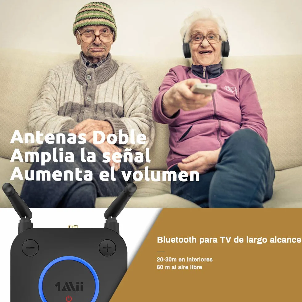 1Mii Trasmettitore Bluetooth 5.2 per TV a 2 Cuffie Bluetooth, Adattatore Audio Wireless TV con Controllo Volume, Ingresso Ottico, Coassiale, AUX, RCA, AptX Bassa Latenza, Lungo Raggio 60m