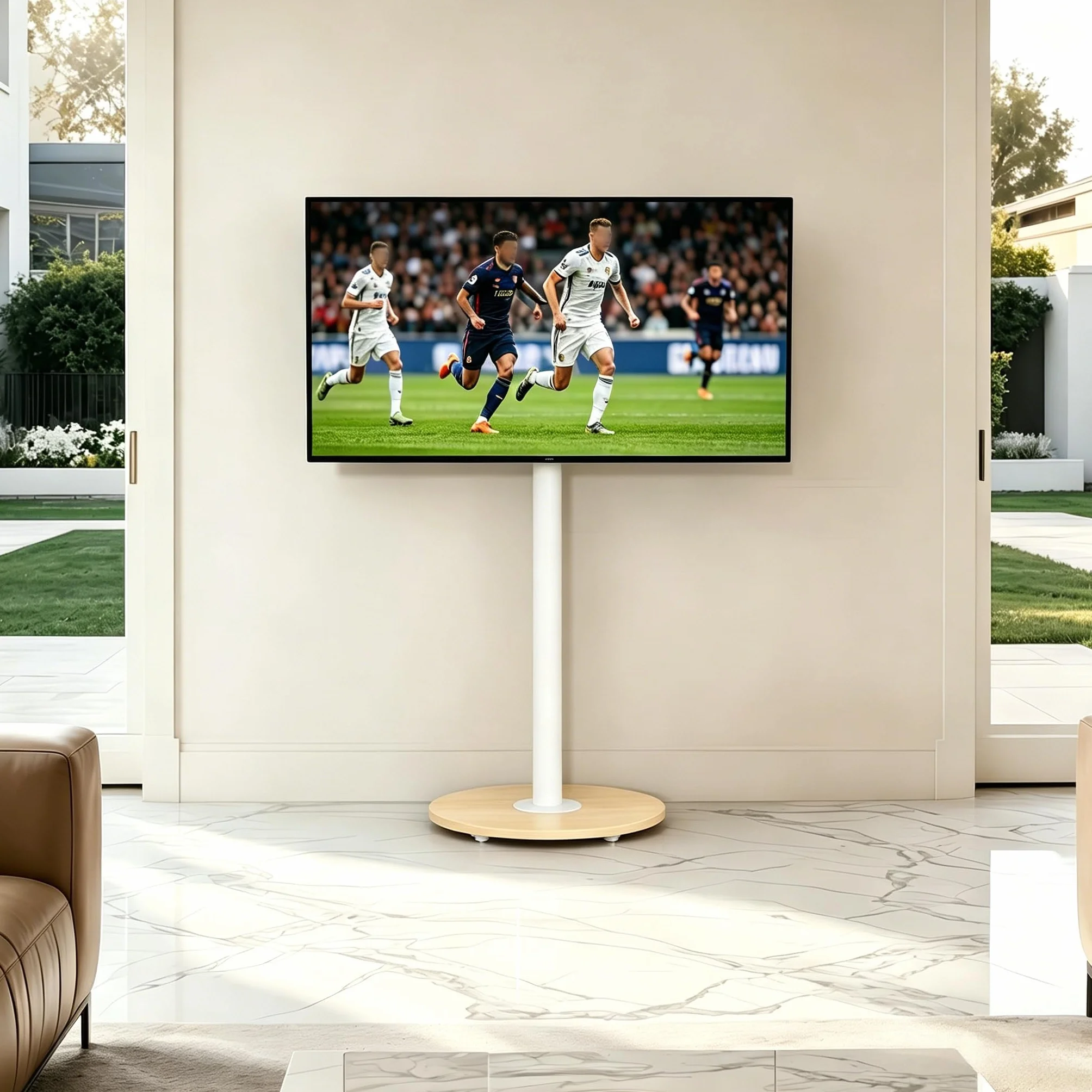 Supporto TV da Pavimento con Ruote Nascoste Legno Base per 40-75 Pollici Peso Max 50kg Max VESA 600x400mm, Regolabile in Altezza, Bianco