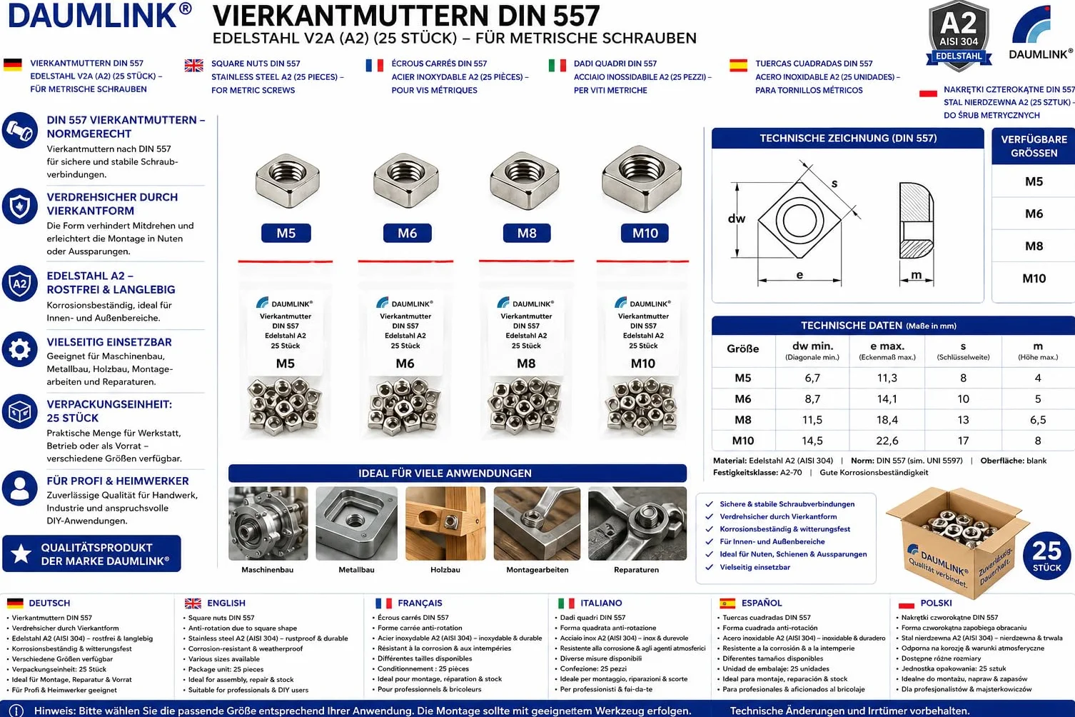 Dado quadrato DIN 557 Acciaio inox A2 V2A M8 25 pezzi