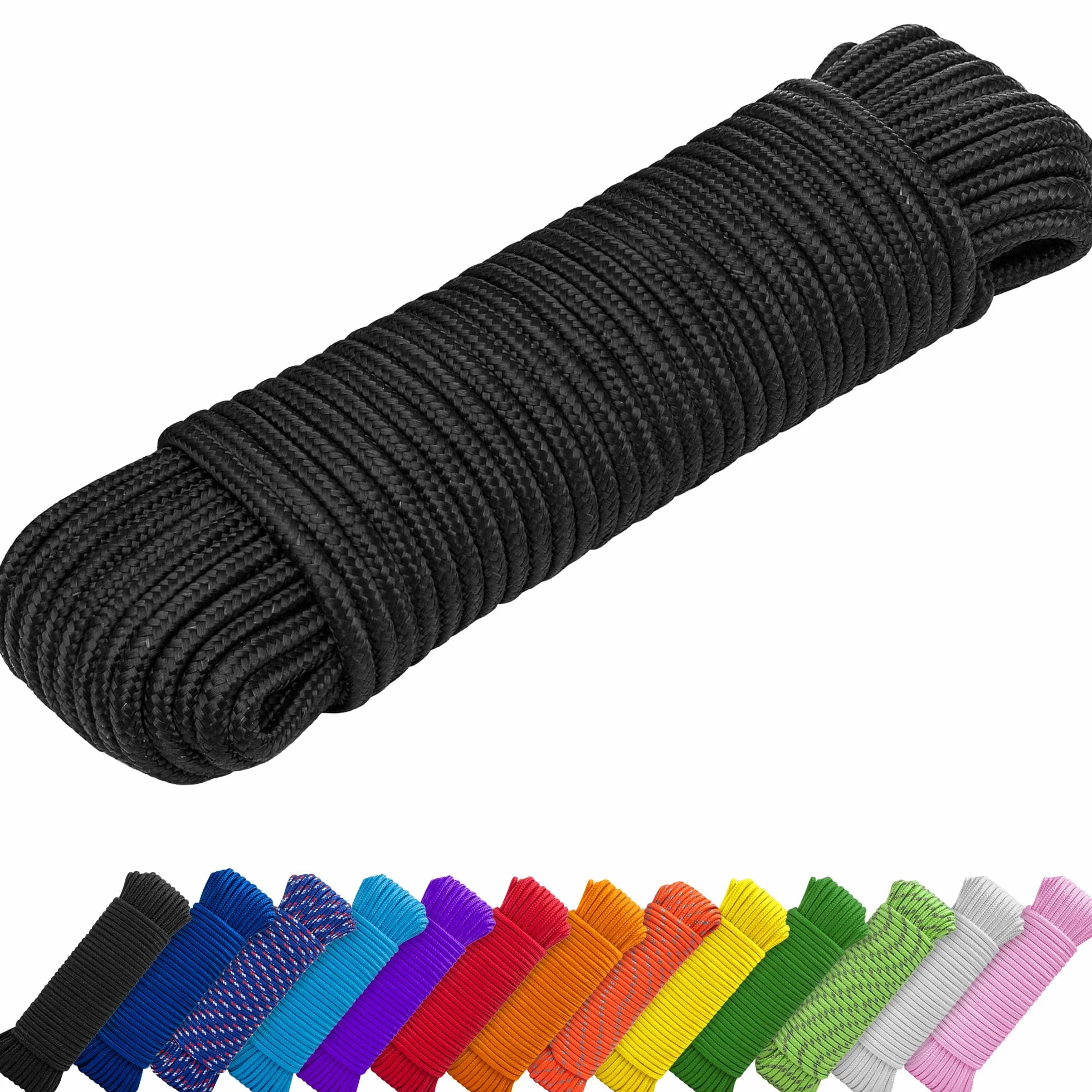 TECEUM Corda– 7mm & 10mm – 27,5M | 45M – Multiuso Resistente – Campeggio, Artigianato, Uso Interno ed Esterno – Corda Leggera Intrecciata a Diamante in Polipropilene e Nylon – Nero (Black)