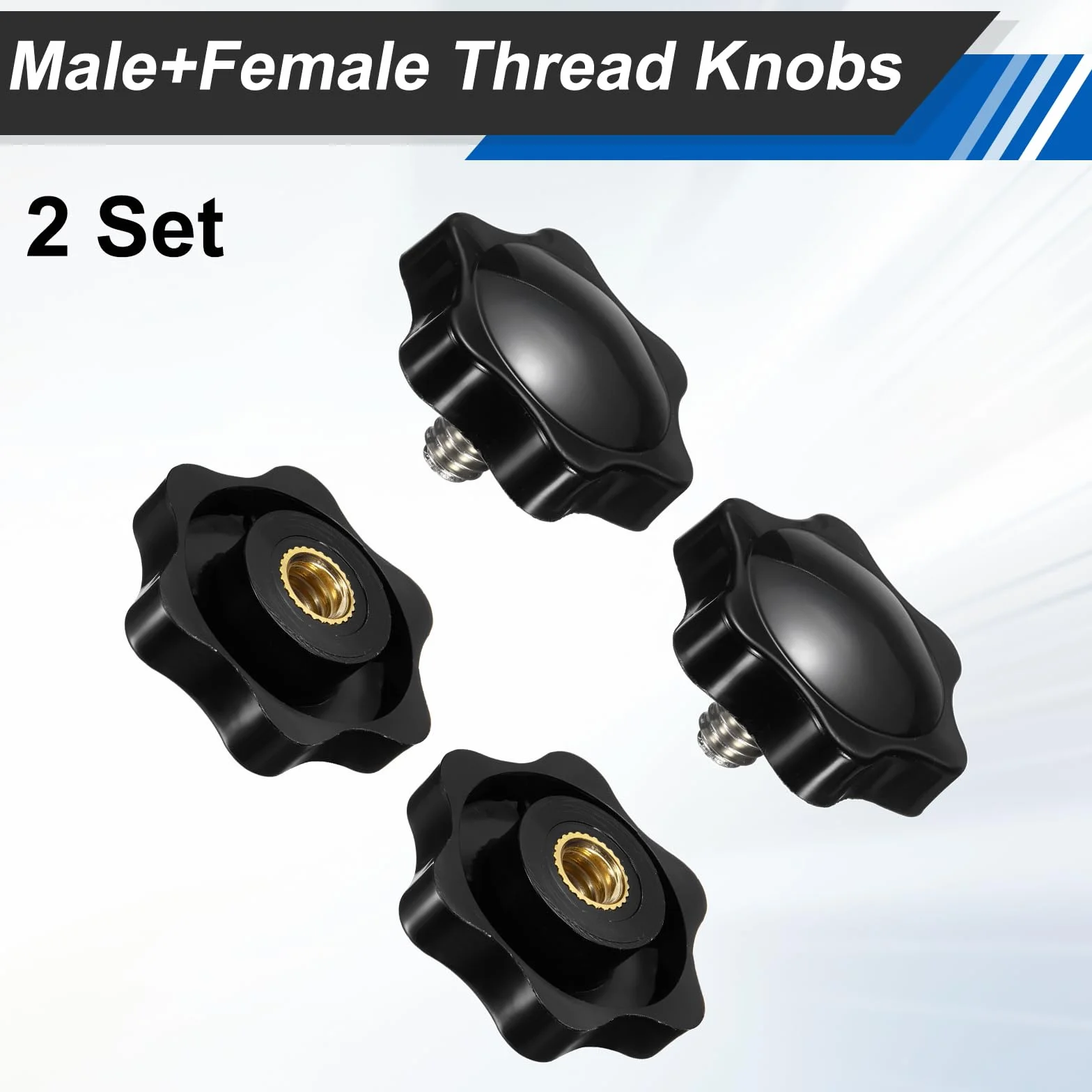 sourcing map Set di 2 pomelli a stella 1/4"-20UNC x 8 mm maschio filettatura femmina 32 mm testa metrica 6 stelle serraggio maniglie vite