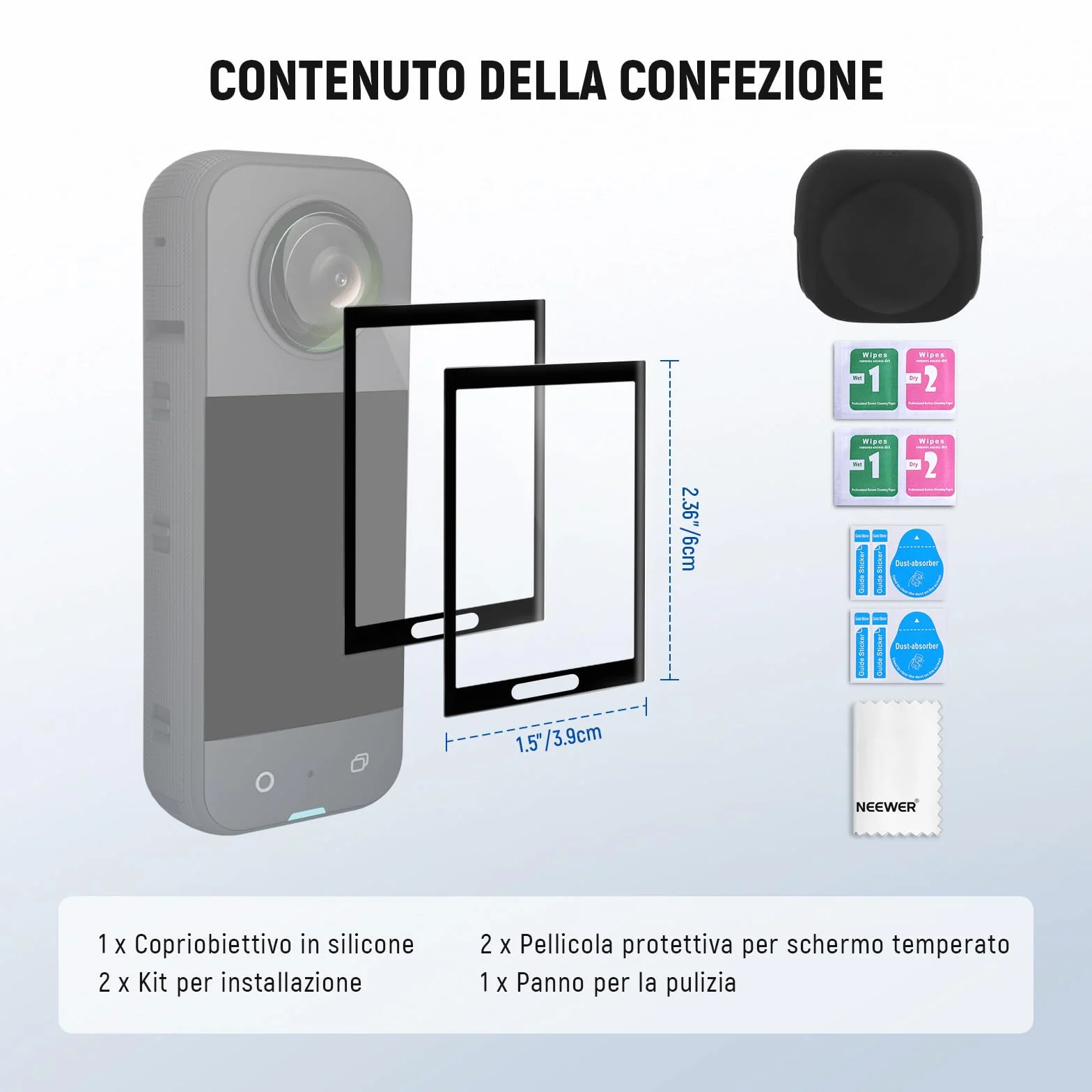 NEEWER Protezione per Schermo/Lente Compatibile con Insta360 X5 X4 Action Cam, Pellicola Protettiva per Schermo Temperato (2pz), Cap Custodia Protettiva in Silicone e Kit Accessori di Ricambio, CA156