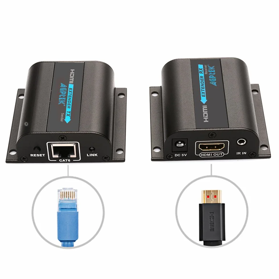 AGPTEK 1080P Estensore HDMI su CAT6/7/8 fino a 60m a 1080p, supporta Deep Color, 3D con telecomando IR (LKV372A)