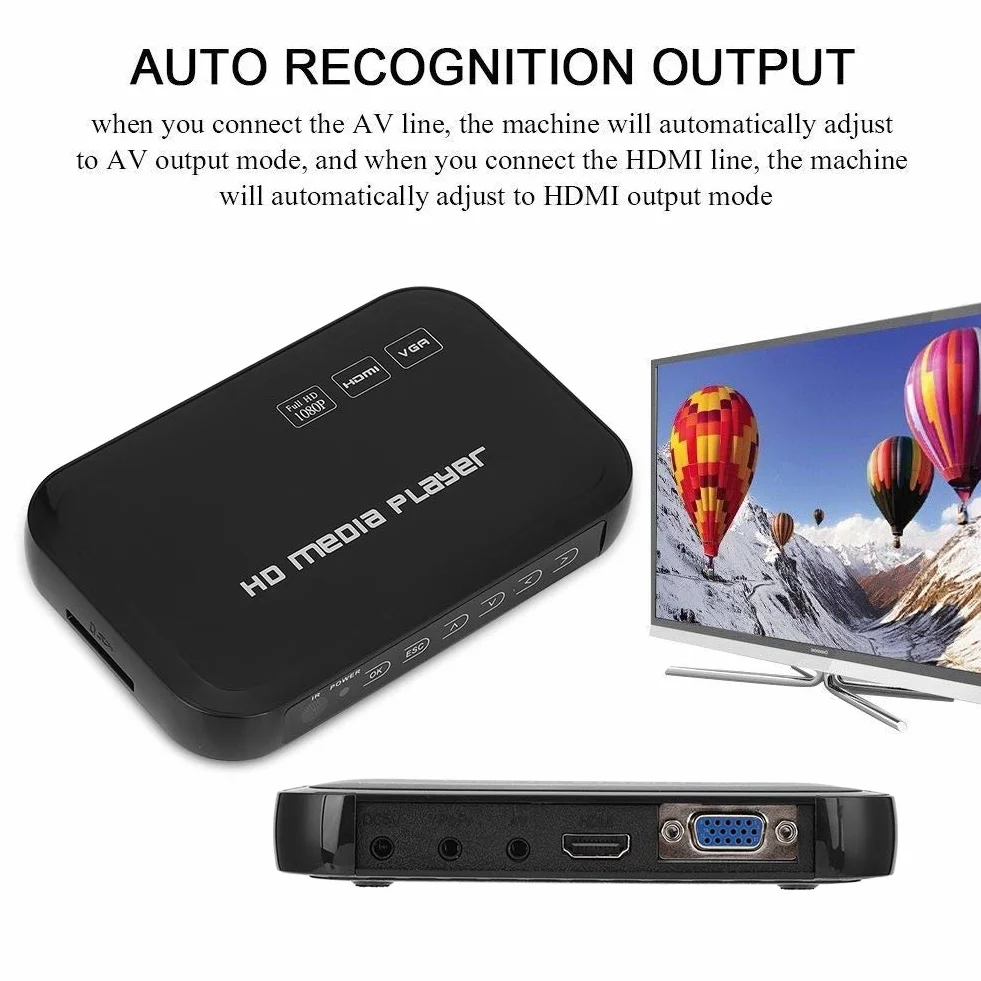 Mini Full HD 1080P Multi Media Player Uscita HDMI/AV, Lettore video audio HD con telecomando e cavo AV, Supporta MMC/SD/MS/SDHC(EU)