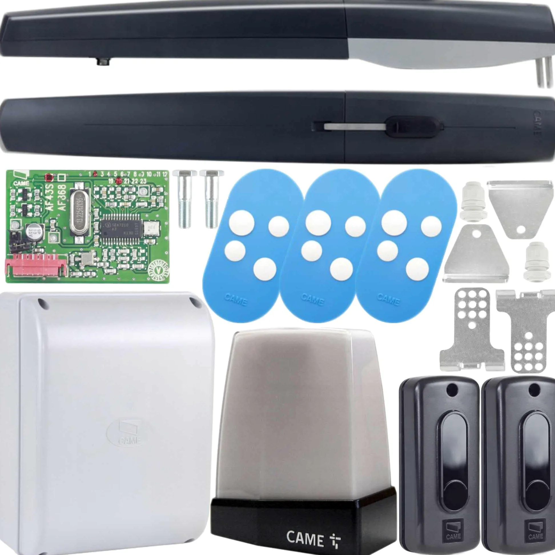CAME 8K01MP-015 KIT AXI per porte doppie con porta fino a 2,5 metri e peso fino a 250 kg, 24V, Apriportone Automatico con 3 Telecomandi, Luce di Allarme e Barriera Fotoelettrica per Cancello di