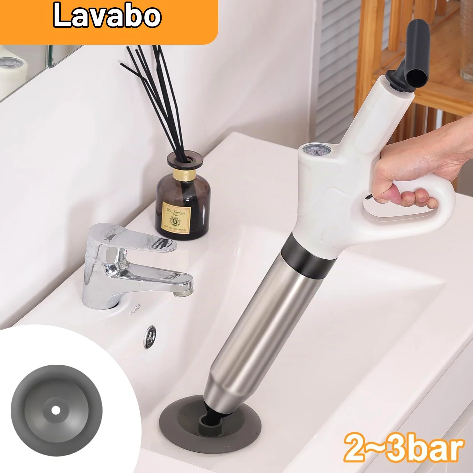 Pompa Stura Scarichi a Pressione, Sturatubi Aria Compressa con Barometro, Sturalavandini a Pressione con Quattro Diverse Ventose per Bagni Servizi Igienici Lavabi