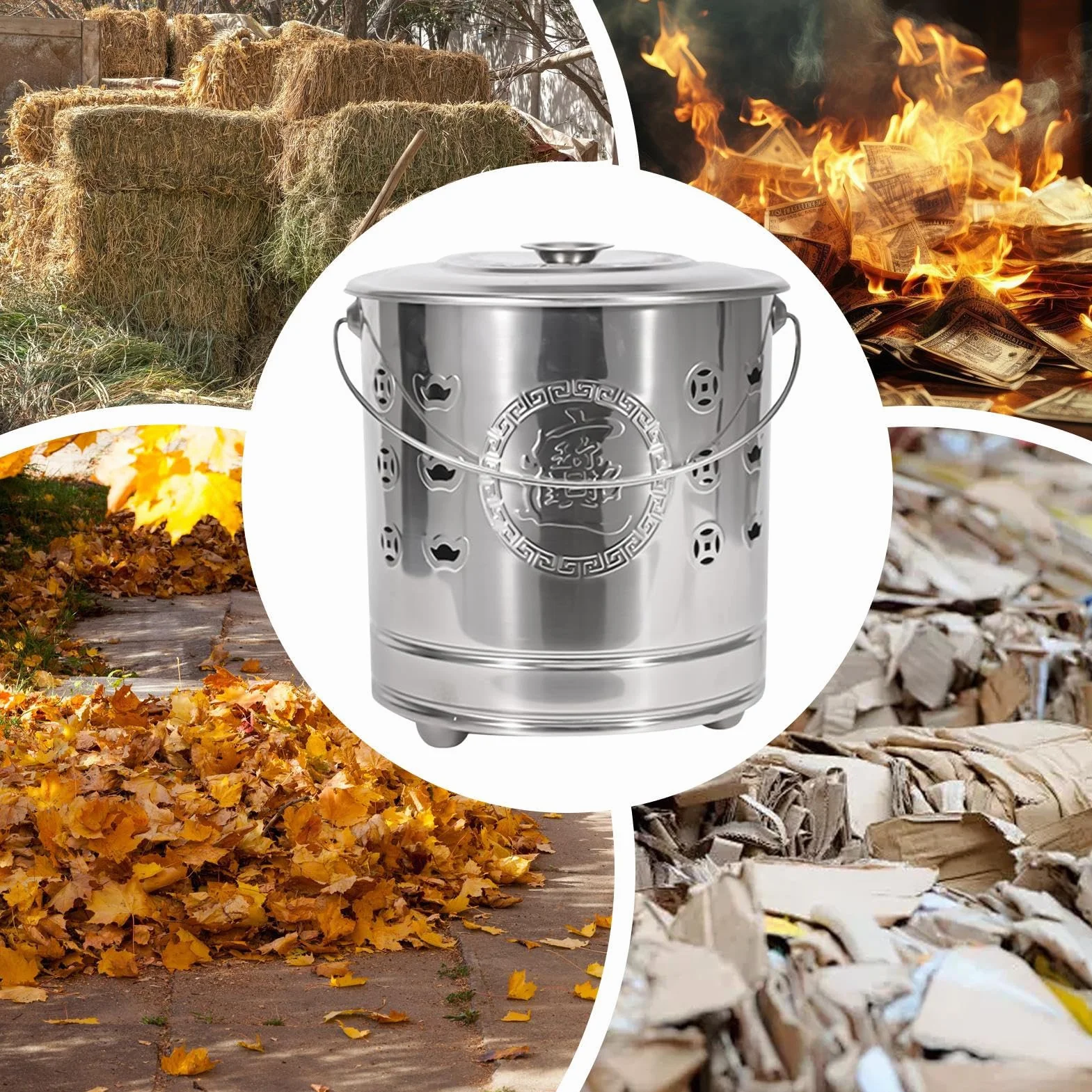 Barile Bruciatore Gabbia Sicura Portatile In Acciaio Inossidabile | Con Coperchio, Attizzatoio E Barile Da Fuoco Rivestito Per Rifiuti Da Giardino, Foglie Cadute, Legna, Spazzatura, Falò,
