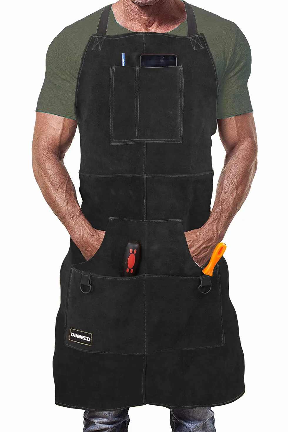 Grembiule Saldatore Professionale in Pelle con 6 Tasche per Utensili. Grembiule Uomo da Lavoro di Cuoio Molto Resistente per Fabbro o Falegname