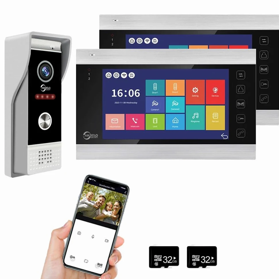 Tuya - Videocitofono con telecamera HD 1080P da 7 pollici, con campanello cablato, monitor WiFi con schermo grandangolare per visione notturna e rilevamento del movimento, 2 monitor