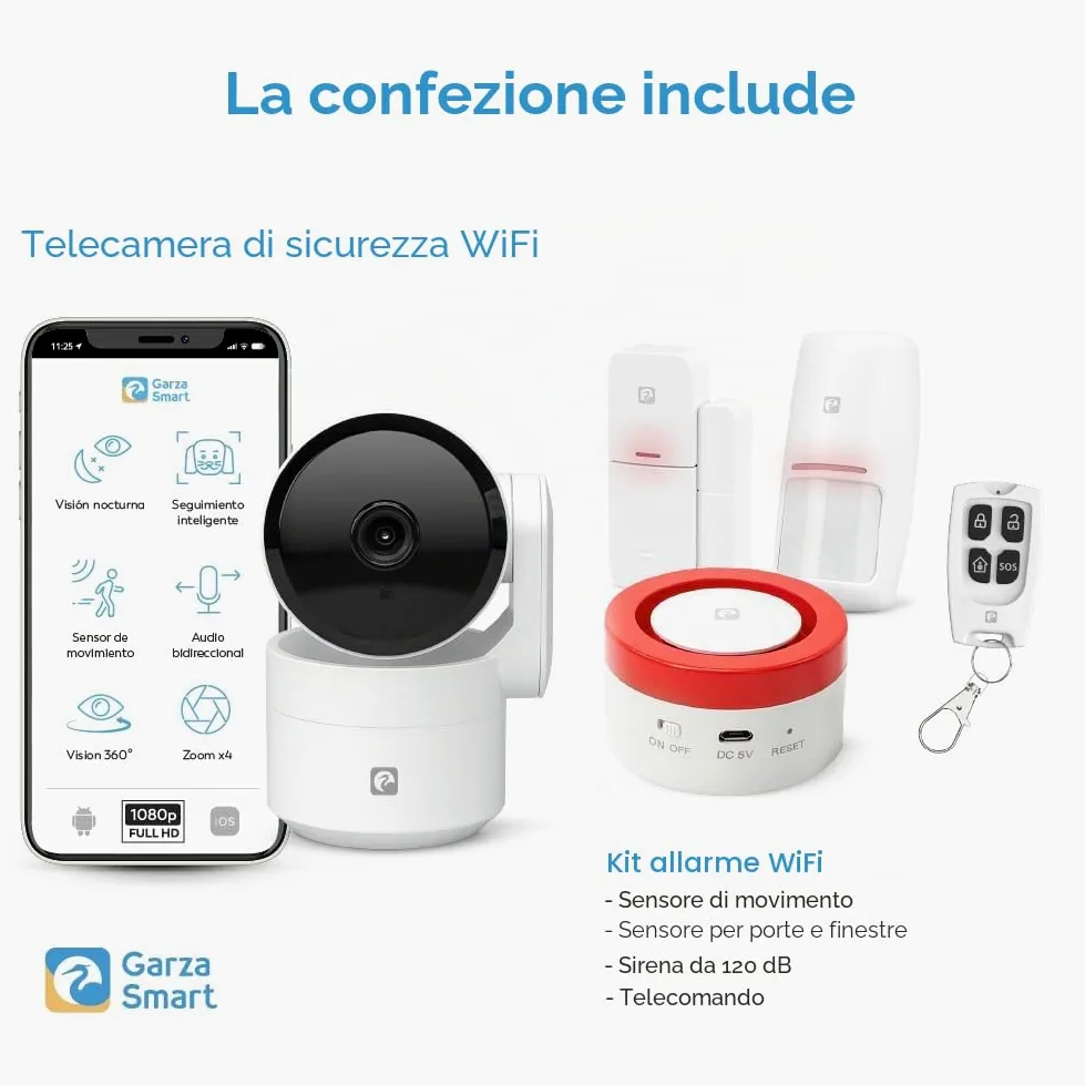 Garza Smart Kit Sicurezza WiFi con Telecamera 1080P e Siren