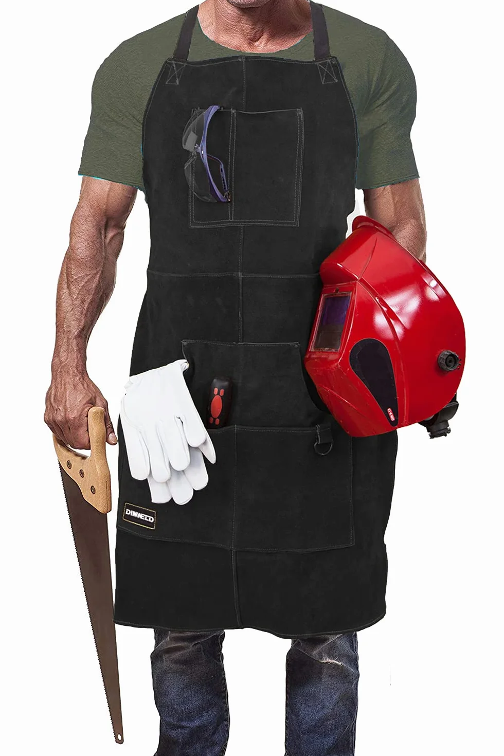 Grembiule Saldatore Professionale in Pelle con 6 Tasche per Utensili. Grembiule Uomo da Lavoro di Cuoio Molto Resistente per Fabbro o Falegname