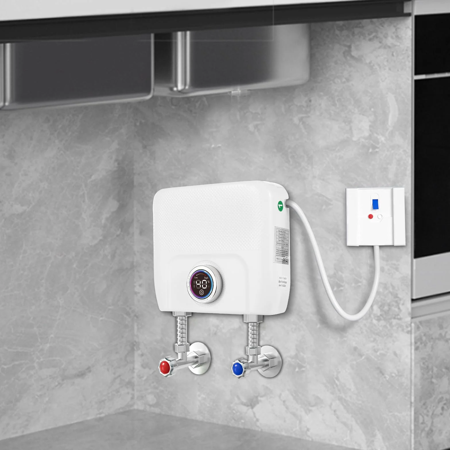Scaldabagno Istantaneo 6500W, Scaldabagno Elettrico 220V, Mini Scaldabagno Senza Serbatoio, Schermo LED Digitale, Funzione Memoria, Controllo Intelligente, per Cucina Bagno Lavandino