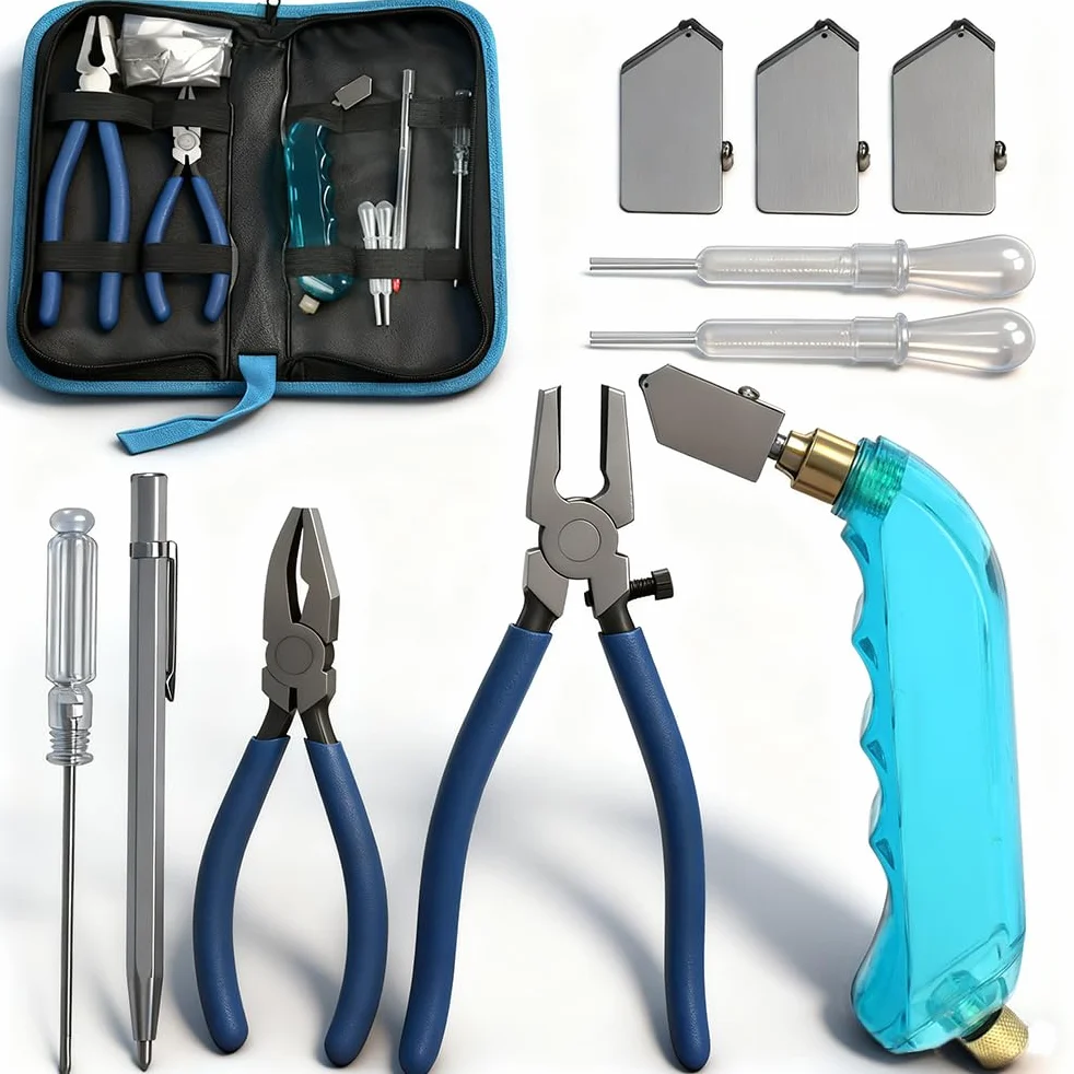 Set di 11 tagliavetro professionale professionale per vetro spesso, pinza per fughe con taglierina manuale, taglierina per bottiglie con testa di taglio, 2 misure