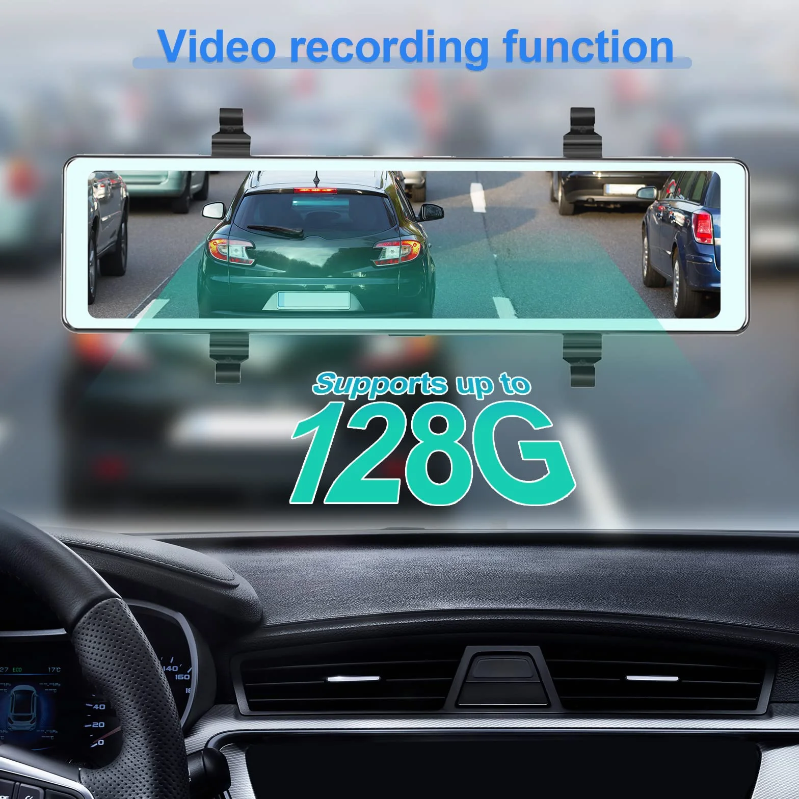 Specchio Retrovisore Auto Dash Cam Carplay Android Auto, Bluetooth, 11,26 Pollici Touchscreen IPS Specchio Retrovisore DVR, Anteriore e Posteriore Telecamere WDR, Specchio Dash Cameras FM, AUX in