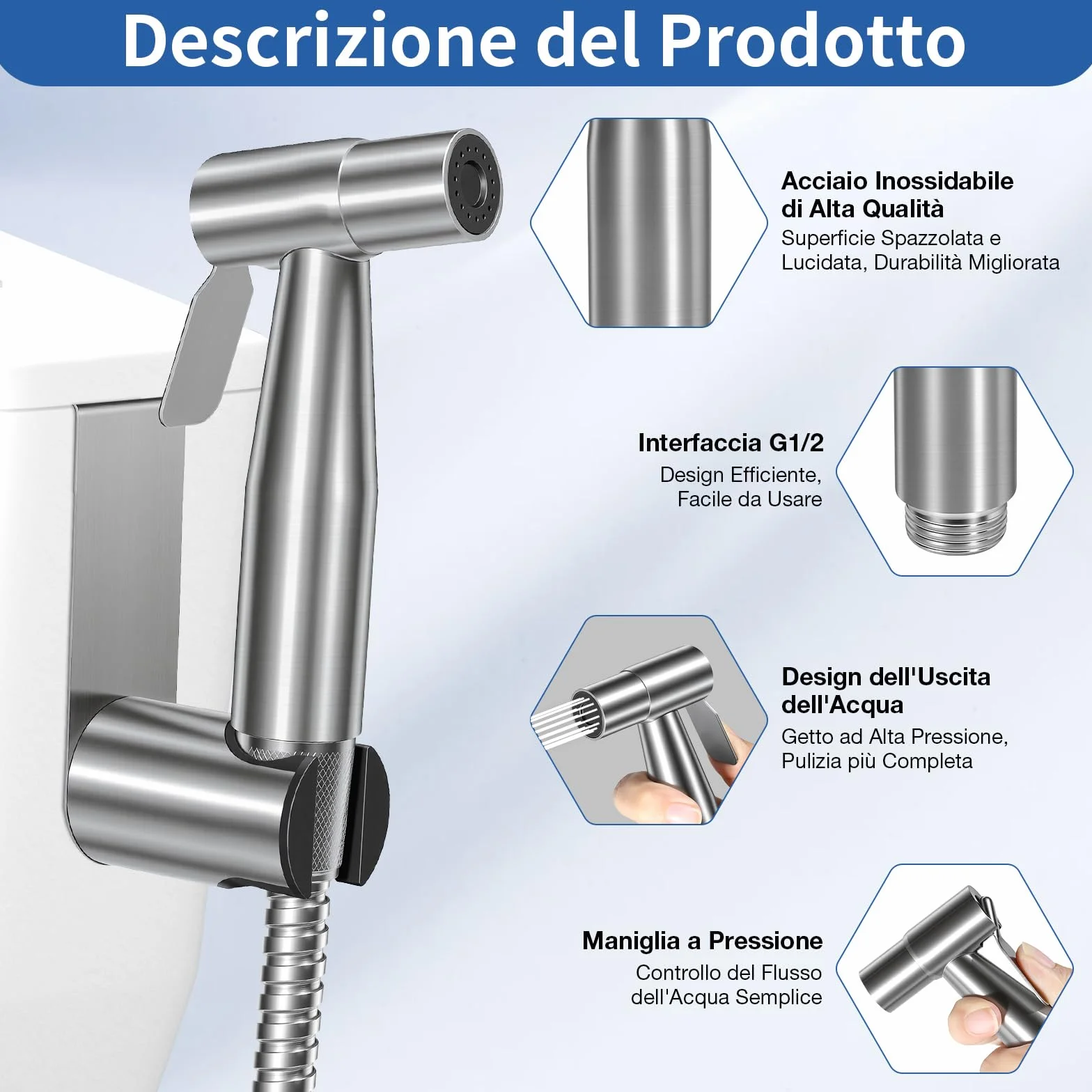 Set Doccetta per Bidet Idroscopino WC Tubo Flessibile 1,5m Supporto Adattatore Argento