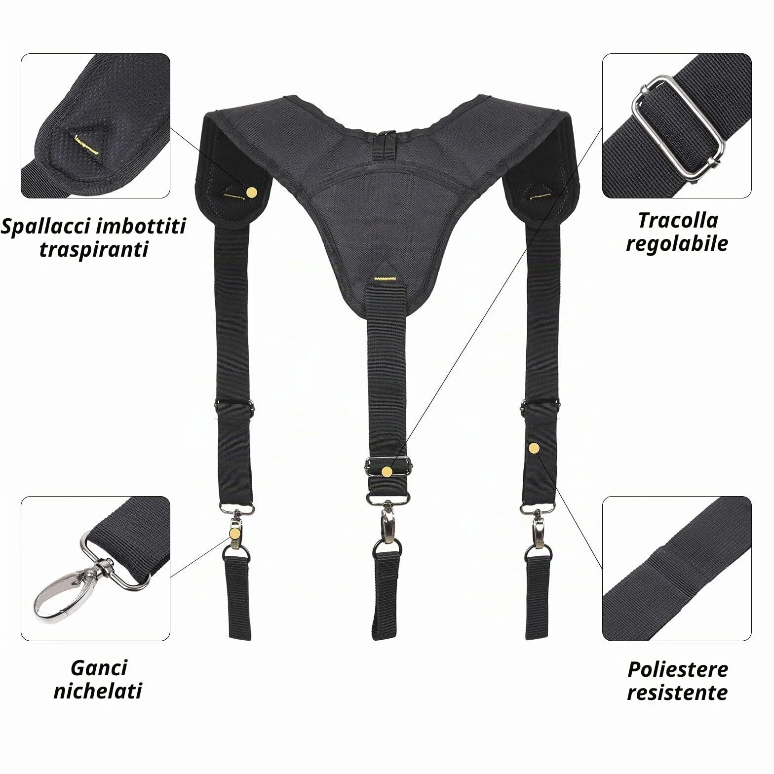 Bretelle per cintura degli attrezzi, resistenti, imbracatura imbottita per elettricisti con clip in metallo, design ad anello regolabile ed elastico