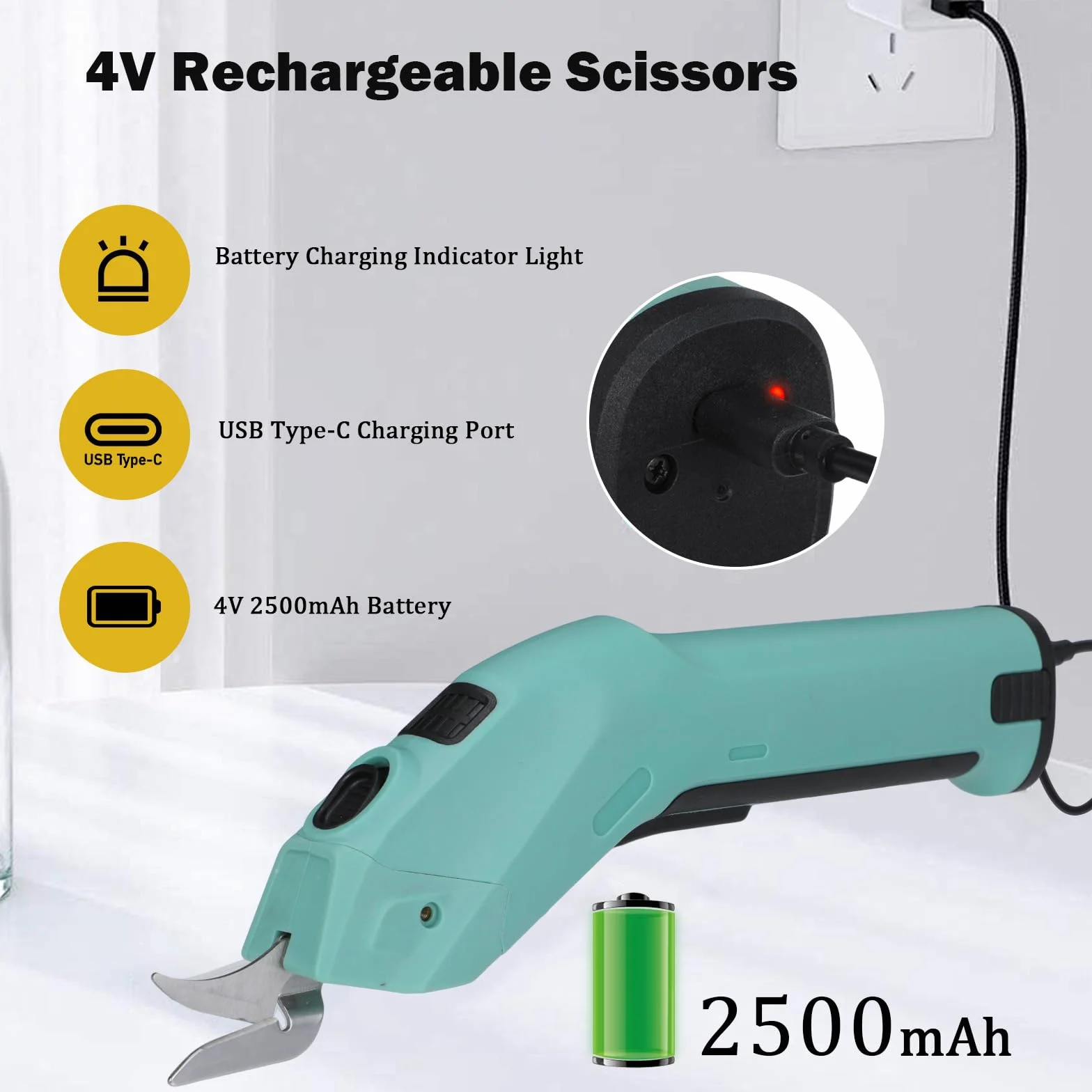 Forbici Elettriche Cutter per Tessuti 4V 2500mAh Taglia Cartone con 2 Testina di Taglio Ricaricabile