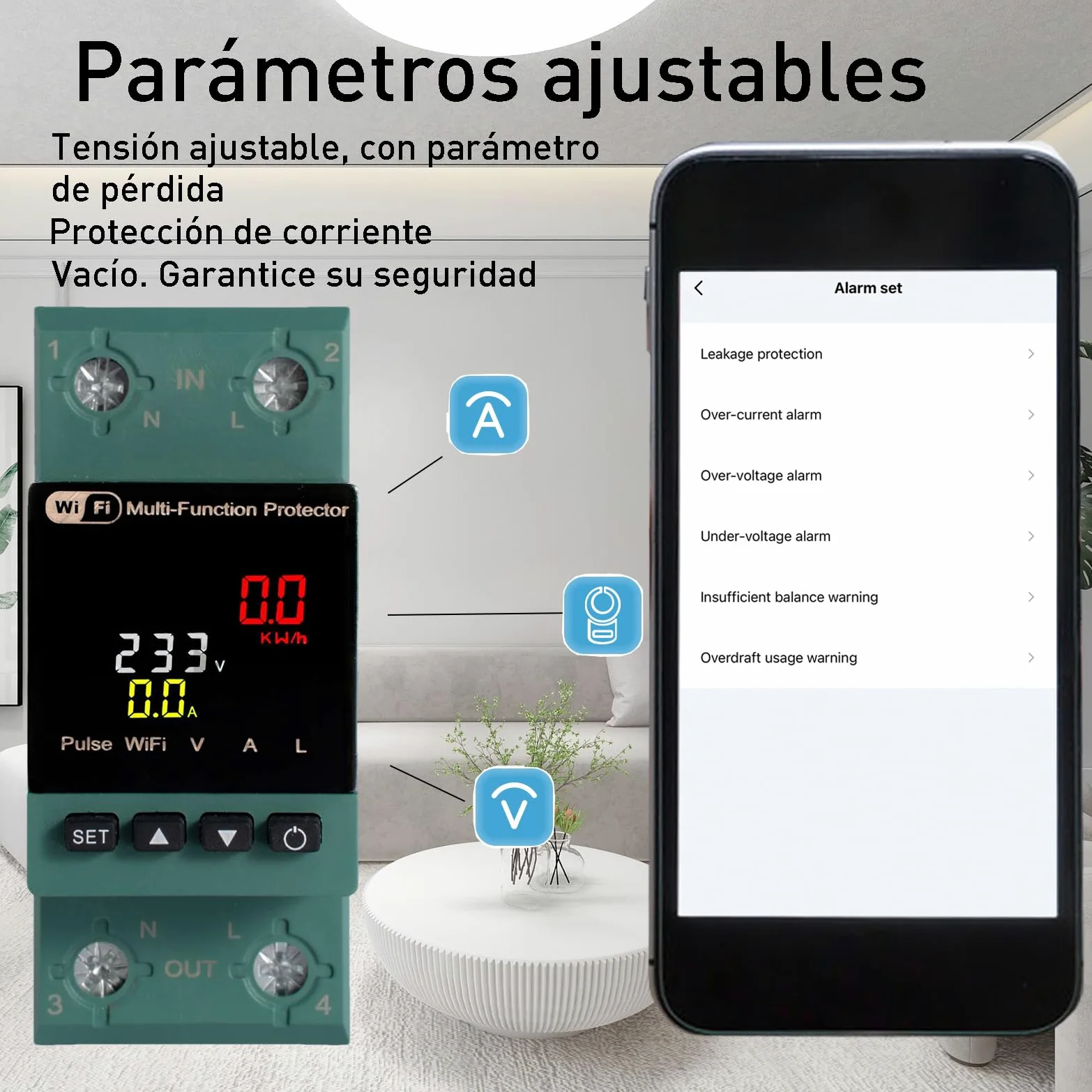 2 contatori intelligenti per consumo di energia elettrico, Wi-Fi, 63 A, CA 230 V, monofase, binario DIN, contatore digitale LCD a colori, interruttore automatico di protezione dalle perdite