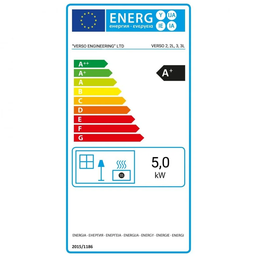 Stufa a legna VERSO 3-5 kW autoportante con finestra, classe di efficienza energetica A+, BImSchV livello 2, EcoDesign 2022, moderno camino a legna