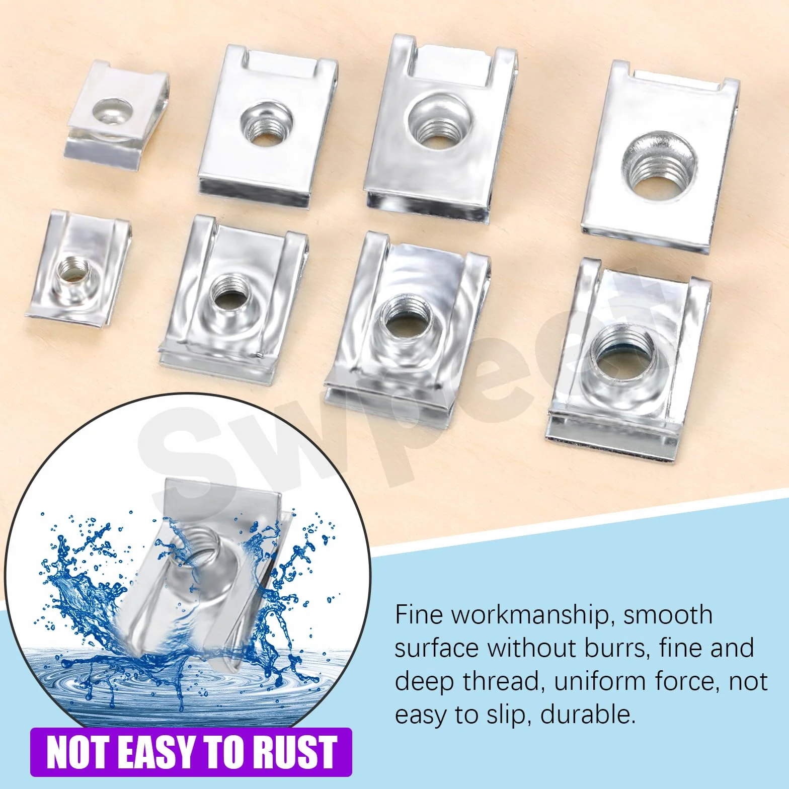 Swpeet Kit assortito 50 clip a U per auto acciaio inox 304 M4 M5 M6 M8 dadi fissaggio pannelli interni cruscotto