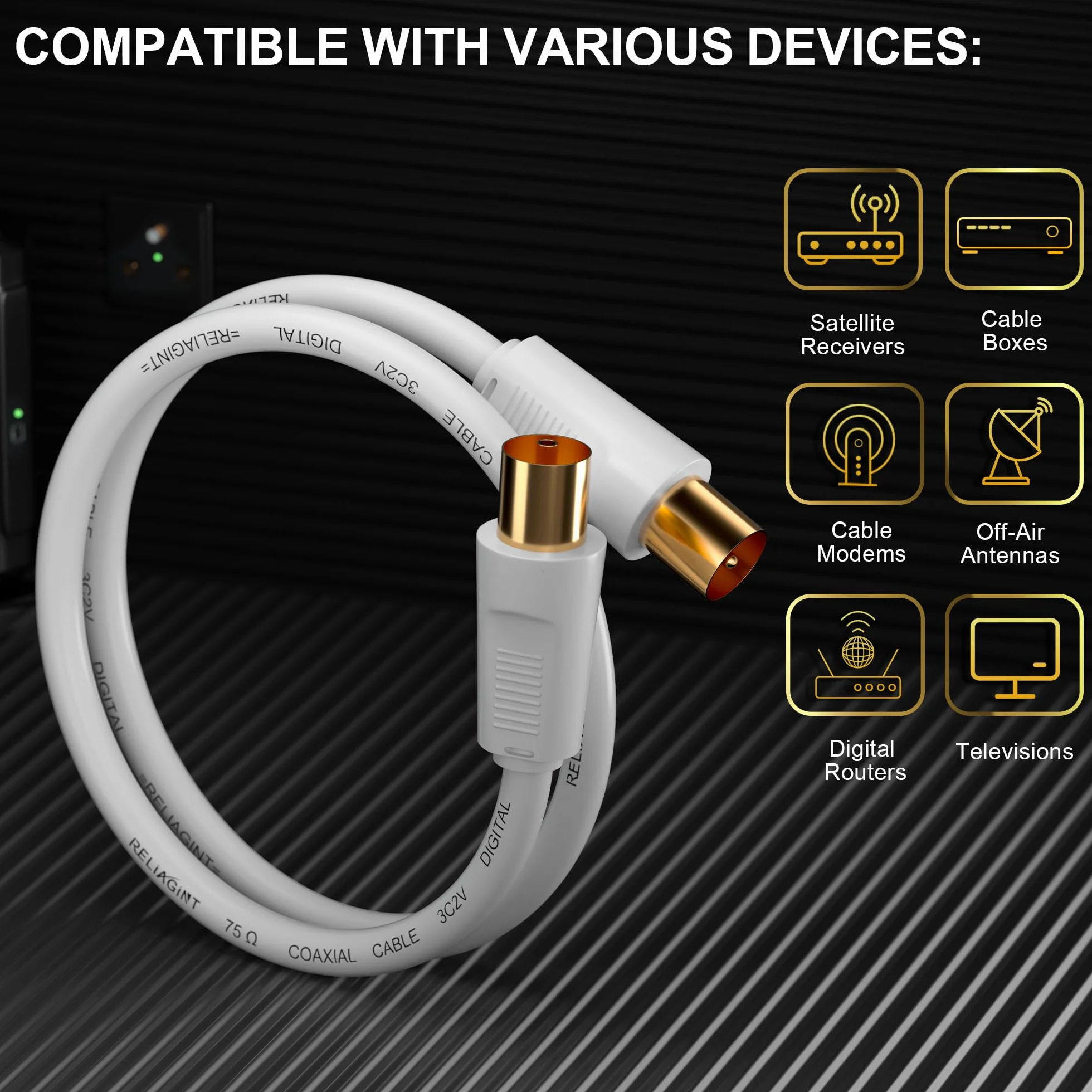 RL Flex Cavo antenna TV 1m, prolunga coassiale maschio/femmina 75 ohm, conduttore in rame puro, per digitale terrestre, TV via cavo e satellitare (DVB-T/T2/C/S/S2), Bianco