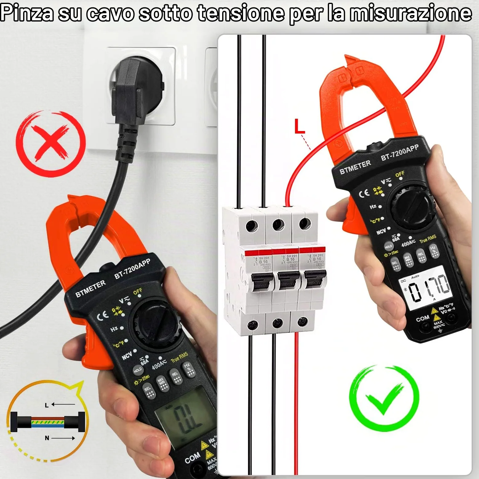 BTMETER BT-7200APP TRMS 6000 conteggi Multimetro a pinza, Amperometro a pinza digitale Bluetooth per corrente alternata/CC Tensione Resistenza Condensatore Frequenza Continuità Temperatura NCV