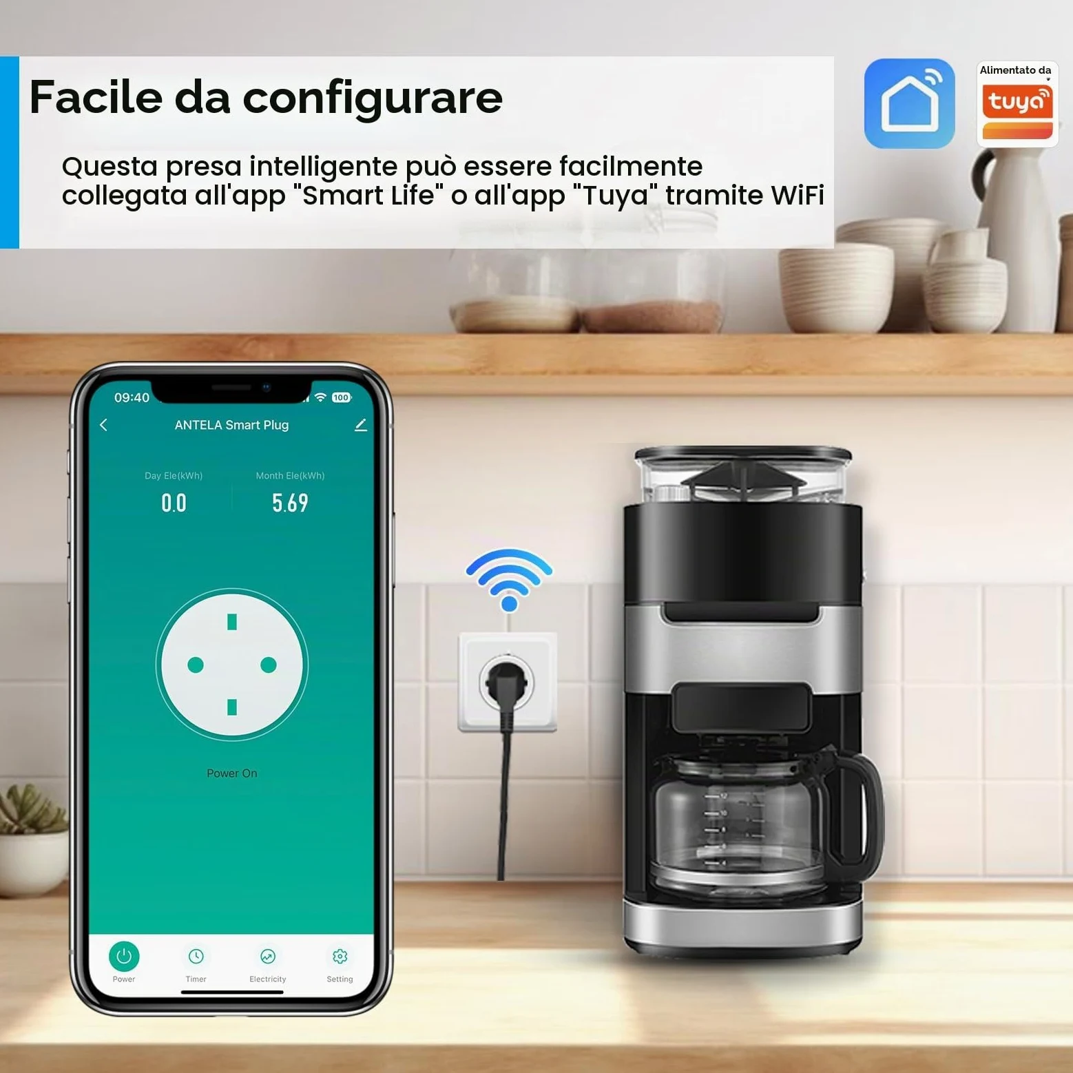 ANTELA Prese Intelligenti Wifi 16A Smart Plug con Monitoraggio Energetico | Type F, Protezione Sovraccarico, Timer, Regolazione del Programma e Compatibilità con Alexa & Google Home, 4Pz
