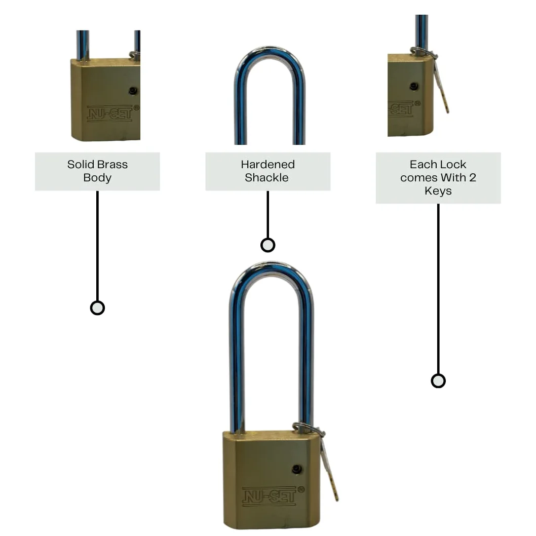 NU-SET Lucchetto in ottone massiccio resistente da 5,1 cm, temprato, lungo, confezione da 2 chiavi uguali
