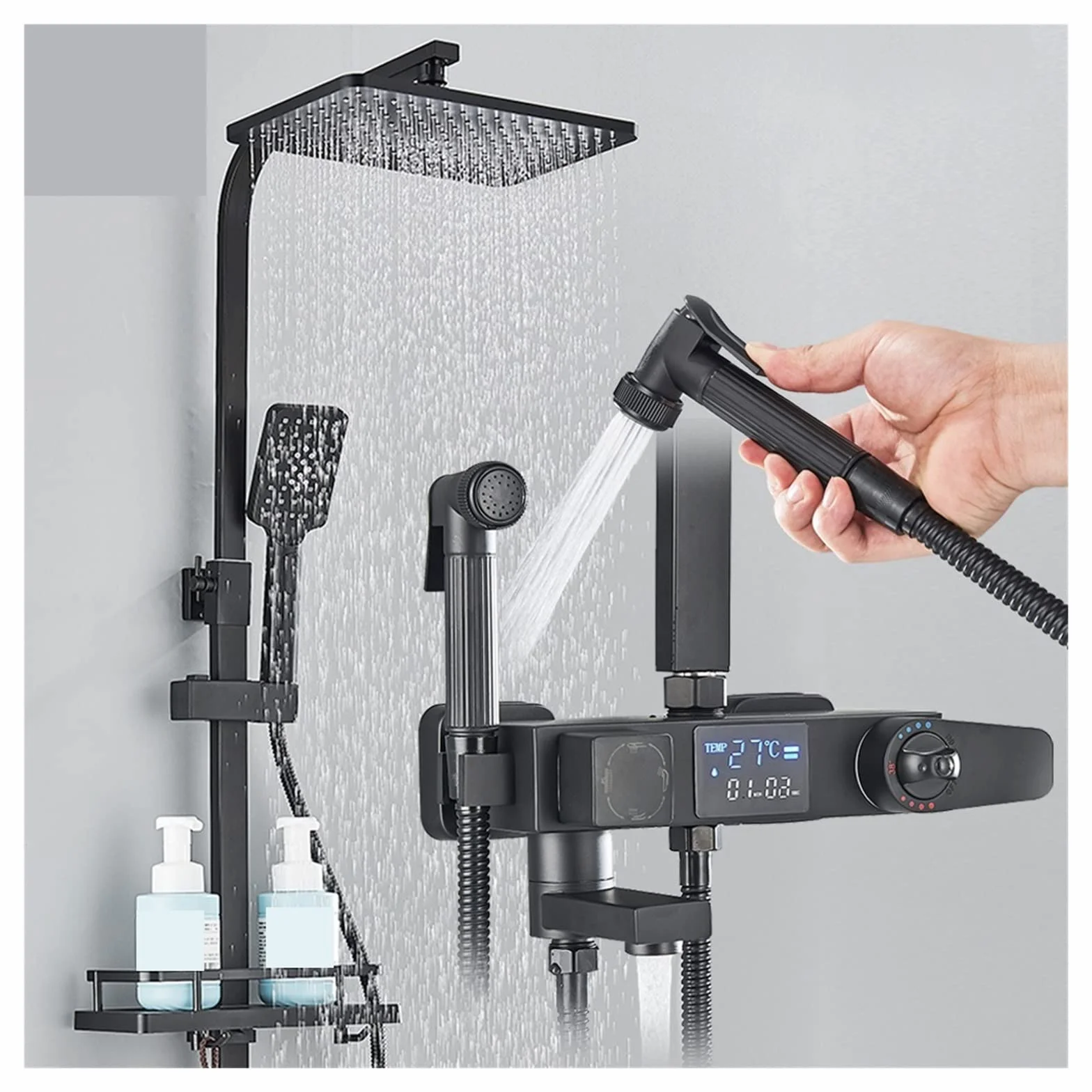 Sistema Doccia termostatico Intelligente Nero con Miscelatore Digitale a Pioggia Intelligente e Bidet, Set di rubinetti per Bagno a Parete, Supporto per Piedini Octopus, irrigatore