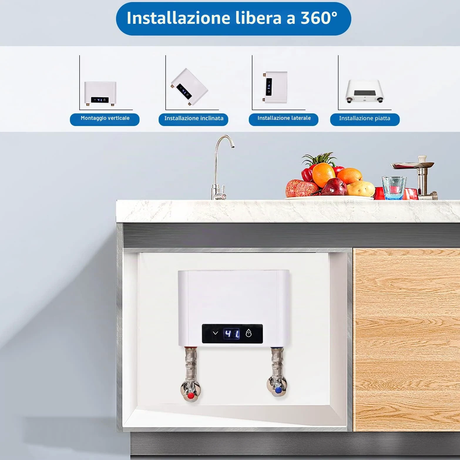 Mini Scaldacqua Elettrico Istantaneo Senza Serbatoio, Mini Scaldabagno Elettrico Istantaneo per Bagno Cucina, LED Display Grande (Bianco, 3500W senza Set Doccia)