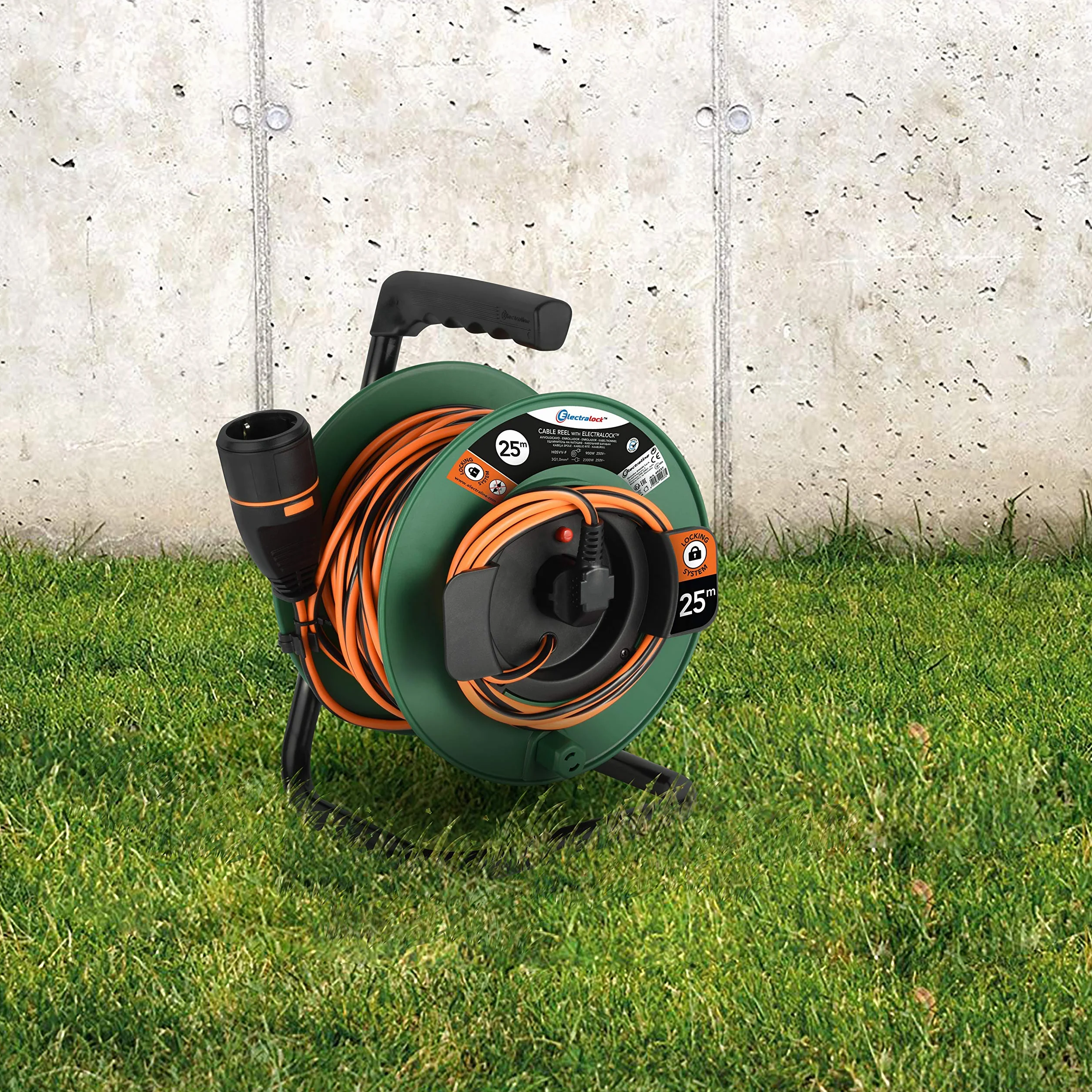 Electraline 49237 Avvolgicavo con Prolunga Elettrica da Giardino 25M 3G1 con Presa Electralock e maniglia ergonomica