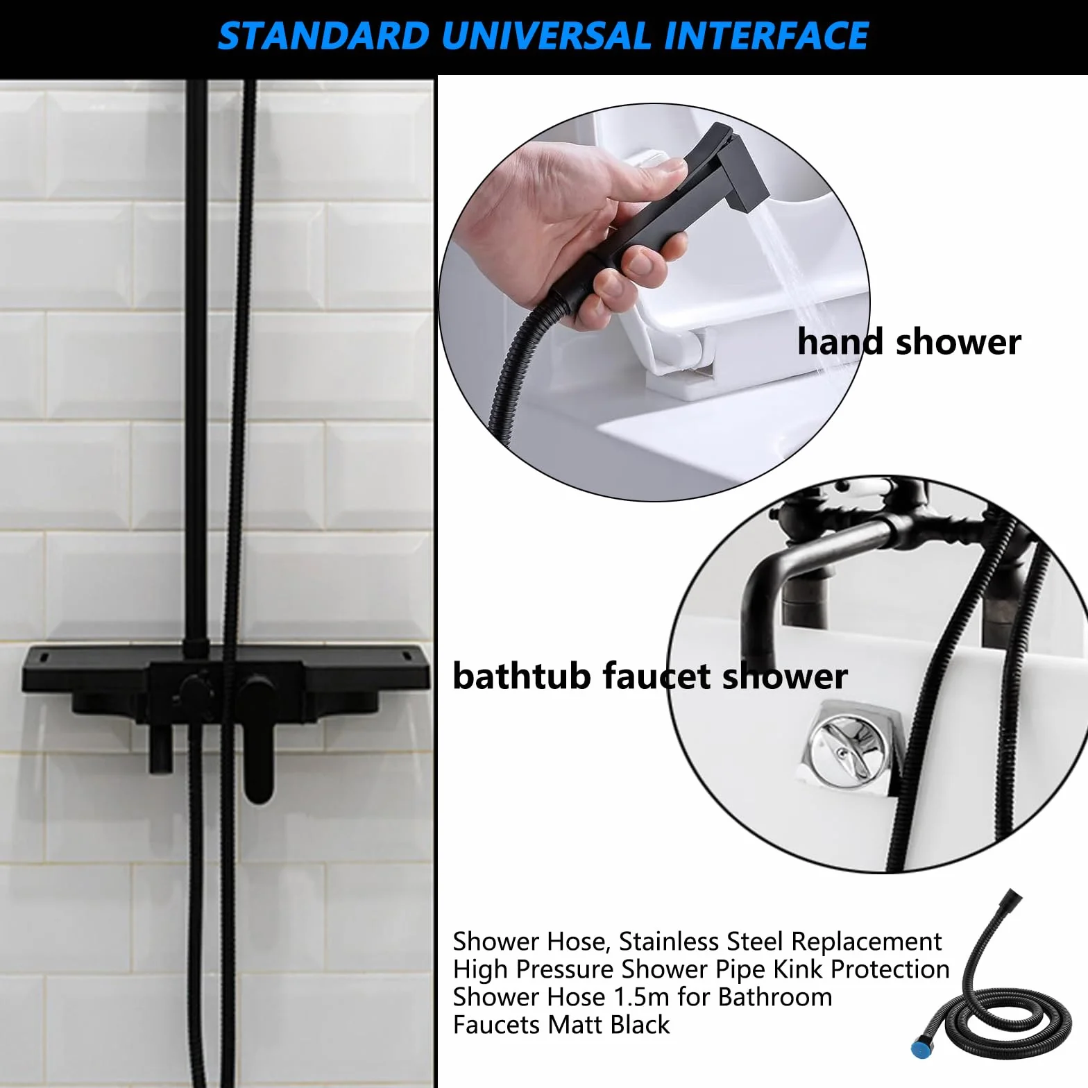 Tubo Doccia Nero 2 M, Flessibile Doccia In Acciaio Inox Standard 1/2" Connettore Universale Anti-Torsione Tubo Doccia per Doccetta E Rubinetti Vasca Da Bagno