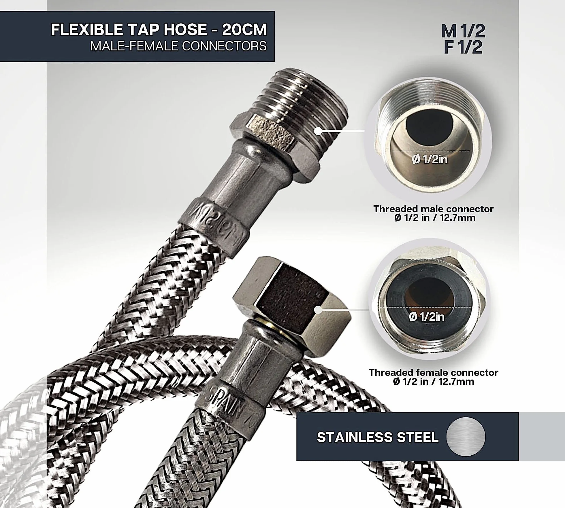 DOJA Industrial | Tubo Flessibile Rubinetto | PACK 2 | Maschio/Femmina | M 1/2" - F 1/2" | 20 cm di Lunghezza | Tubo Doccia Acciaio Inossidabile e Multiuso: Soffione Doccia, Cucina e Bagno