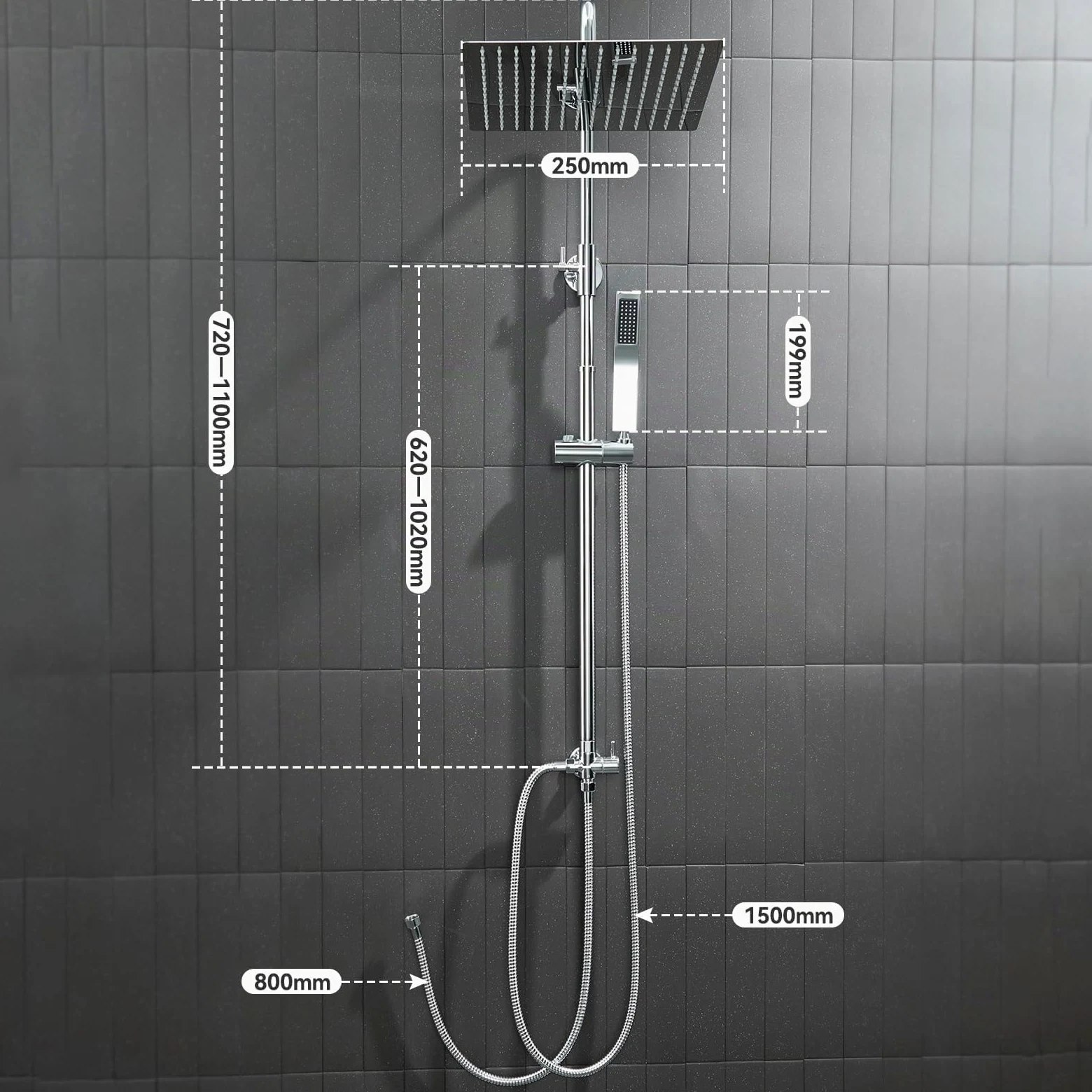 Auralum Colonna Doccia senza Miscelatore, Colonna Doccia Acciaio Inox con Saliscendi Doccia Altezza Regolabile 72-110cm, Asta Doccia con Soffione e Doccetta, Doccia Soffione con Doccetta Cromo 25x25cm