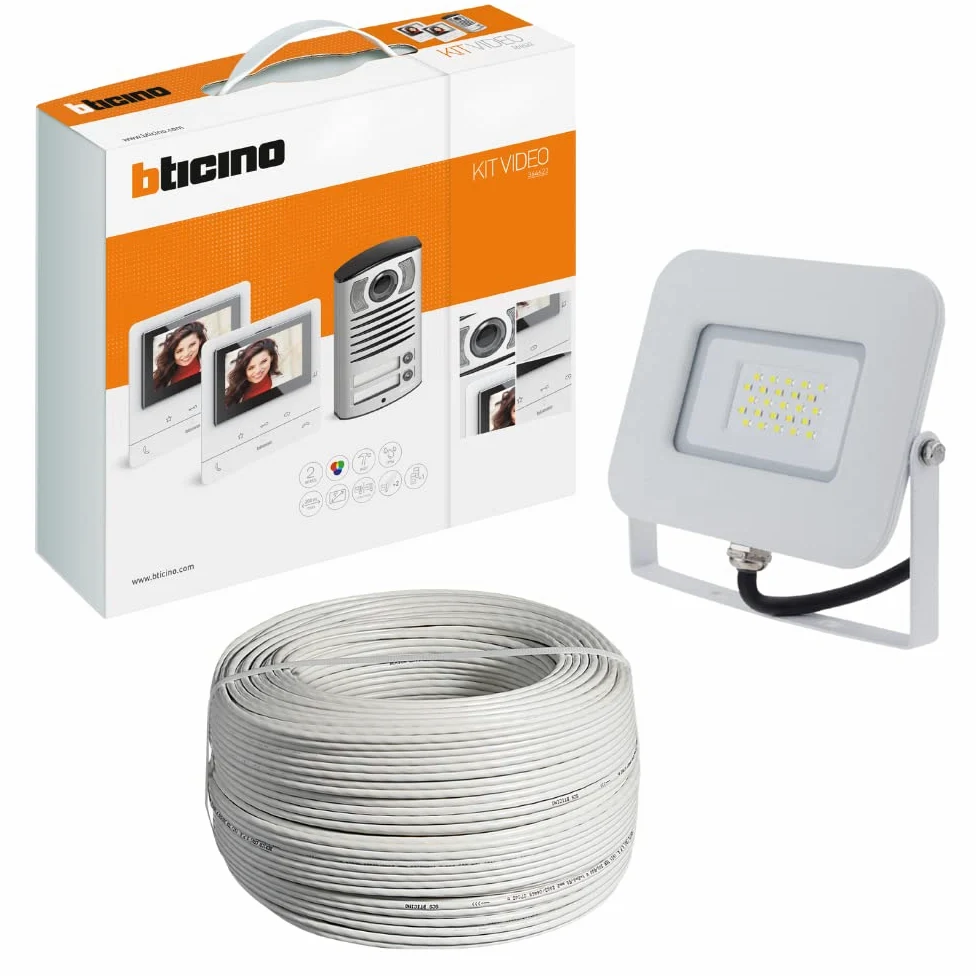 Generico Kit Videocitofono Vivavoce Bifamiliare IP54 Cavo Citofonico 2 Fili 25 Metri Faro Led 20 Watt Bianco Illuminare Ingresso
