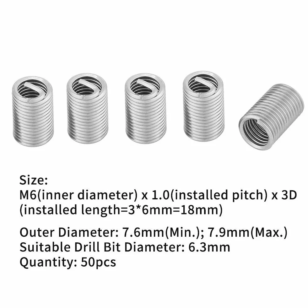 Tyenaza 50 Pezzi Inserto Filettato a Vite, M6 x 1.0 x 3D Inserto Helicoil, Kit di Inserti di Riparazione Metrico Filettato Tipo Elicoil in Acciaio Inox SS304, per Automotive, Turbine a Vapore