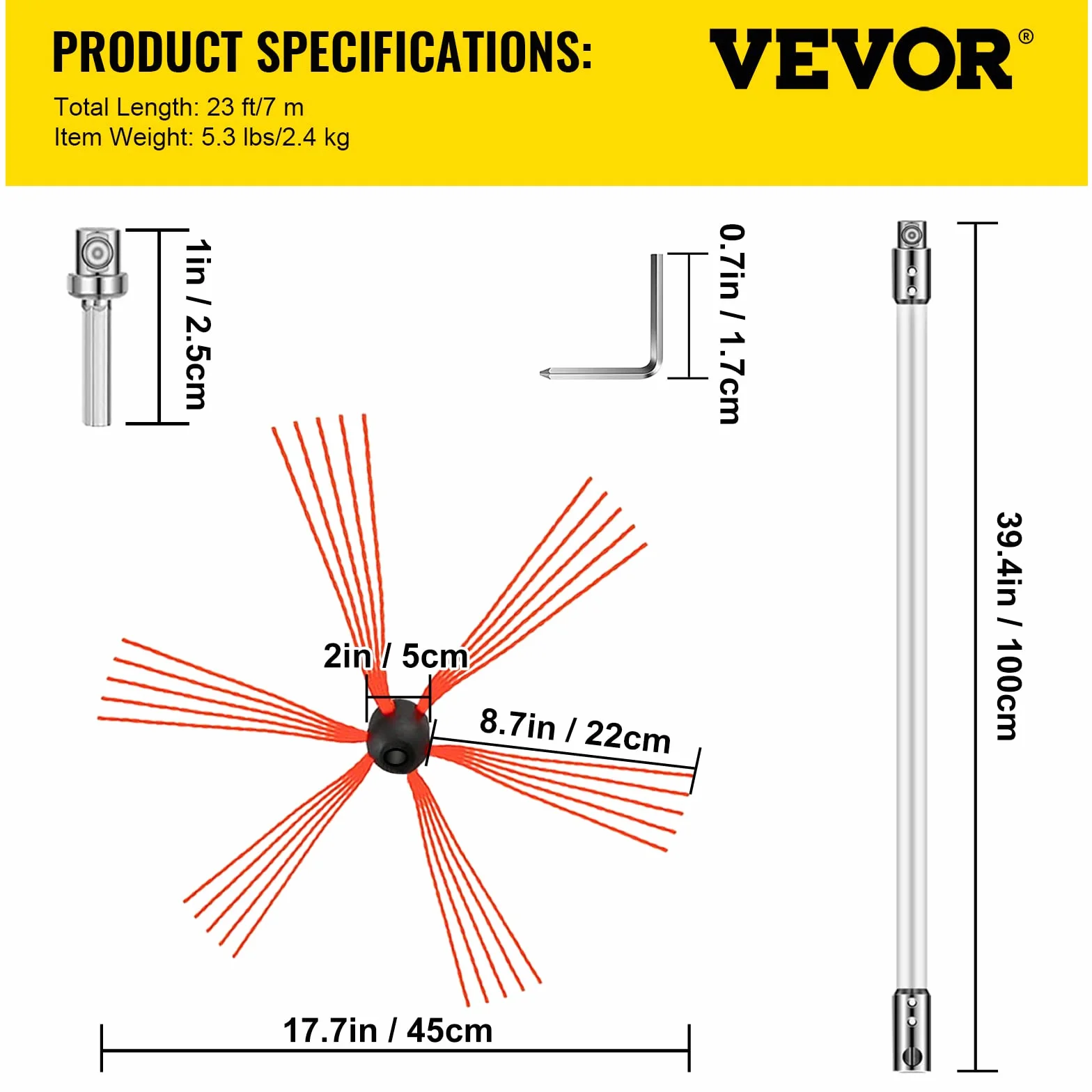 VEVOR Spazzacamino da 7M con 7 Canne in Nylon per Pulizia Camino Stufa Uso Domestico, Set Spazzole per Camino Stufa Kit Pulizia Camino Spazzola Camino Facile da Collegare con 7 Aste