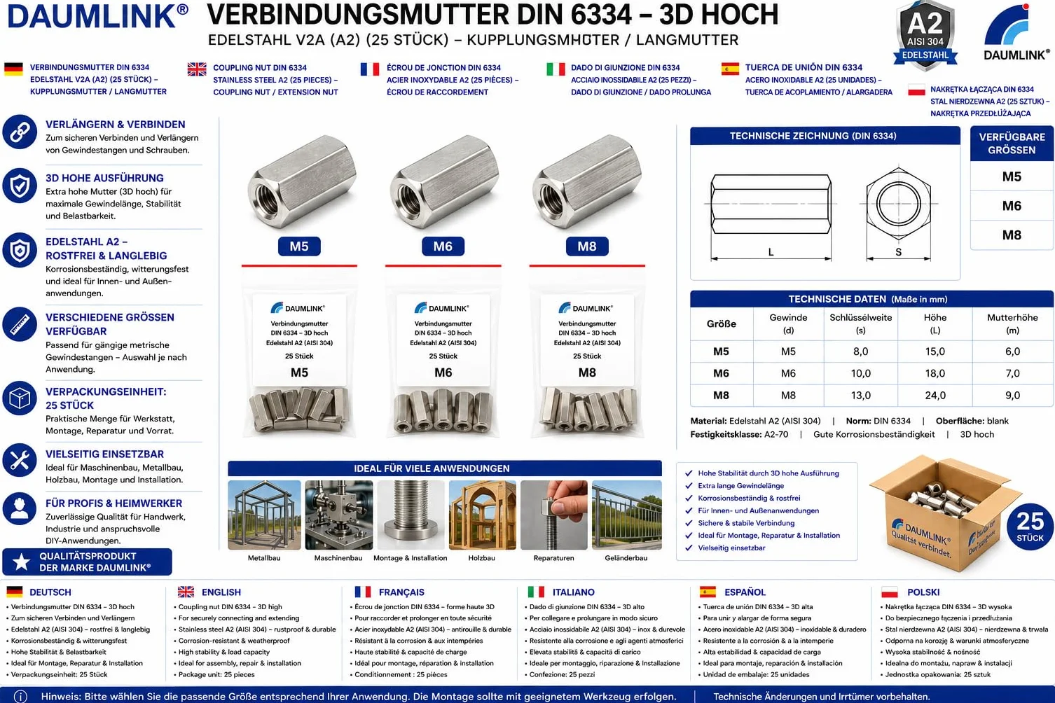 Dado di giunzione DIN 6334 lungo forma alta acciaio inox A2 V2A M5 25 pezzi