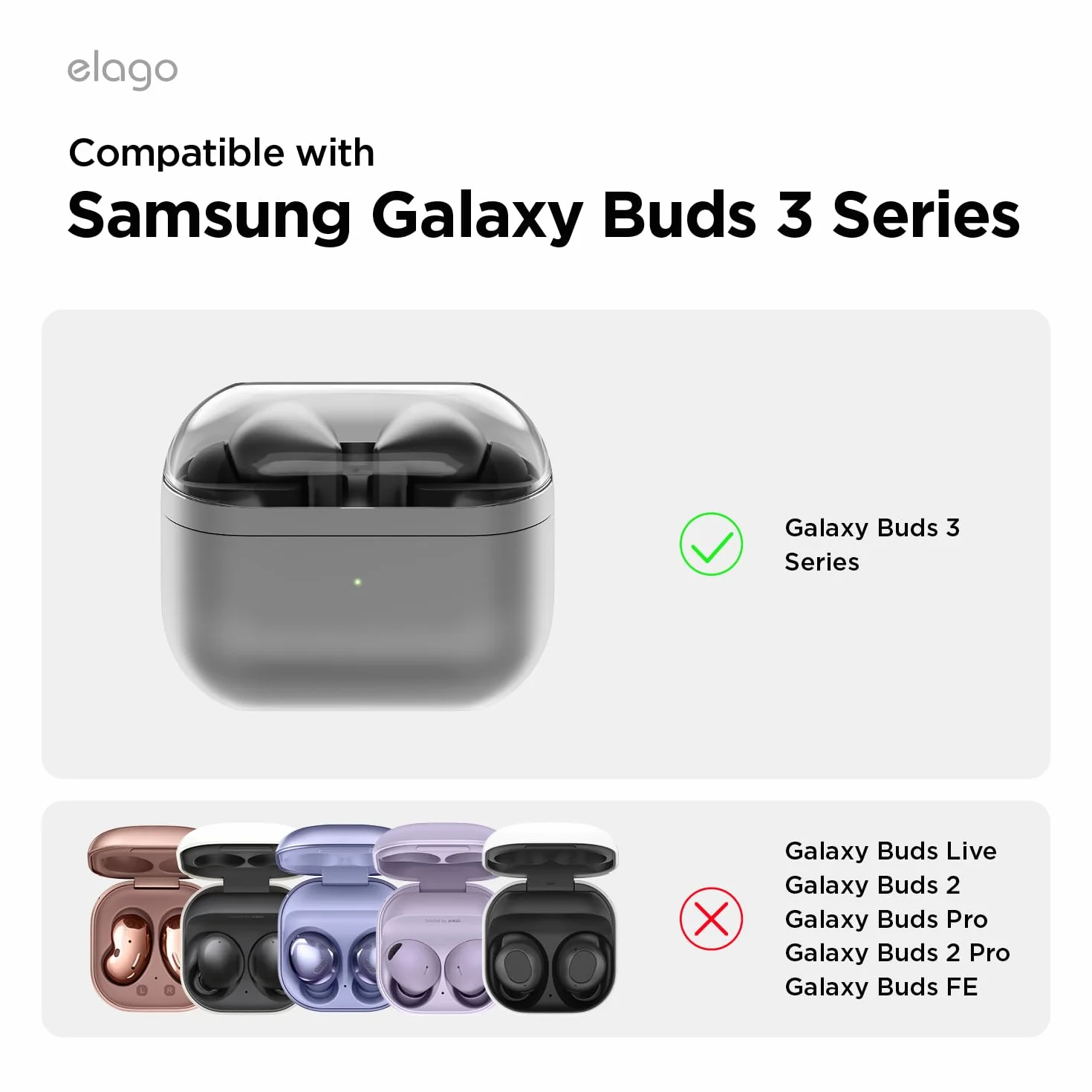 elago Custodia Trasparente per Samsung Galaxy Buds 3 & Buds 3 Pro & Buds FE 3, con Moschettone, Cover in TPU Premium, Ricarica Wireless, Accessori per Cuffie (Trasparente)