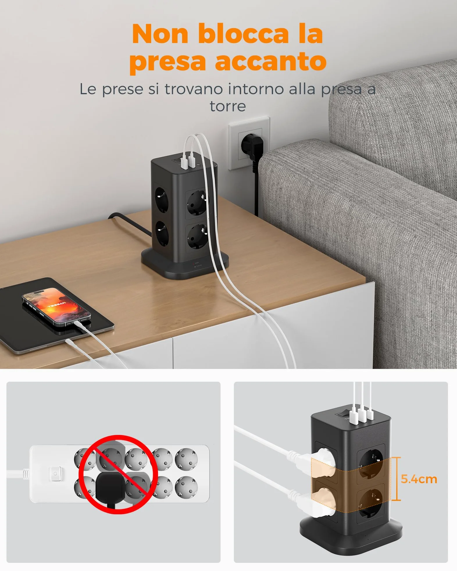 TESSAN 8 Prese Ciabatta Multipresa con USB, Ciabatta Elettrica con Cavo 2M, Torretta Multipresa con Protezione Sovratensione 1700J, Adattatore Prese Elettriche per Casa, Ufficio, Nero
