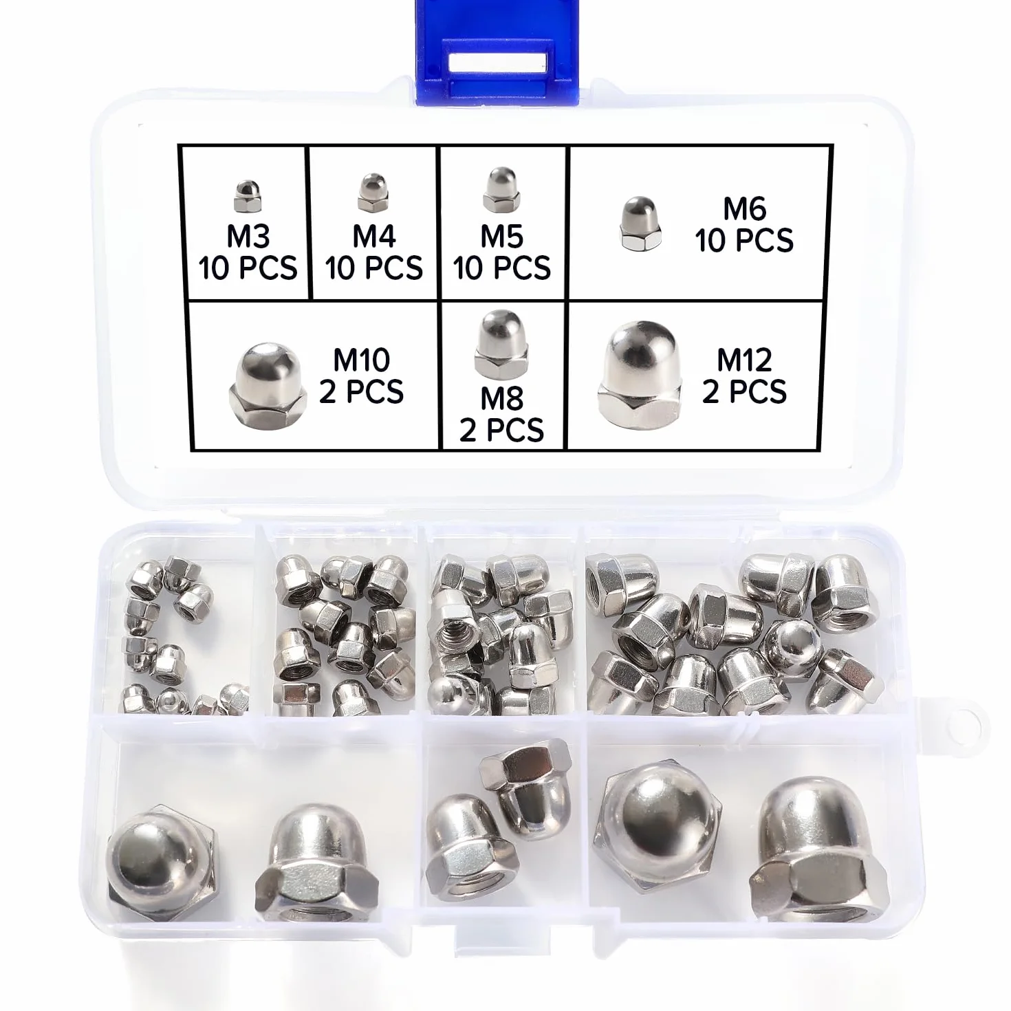 Dado Cieco a Calotta in Acciaio Inox 46 Pezzi M3-M12, Kit Dadi per Cappello e Viti
