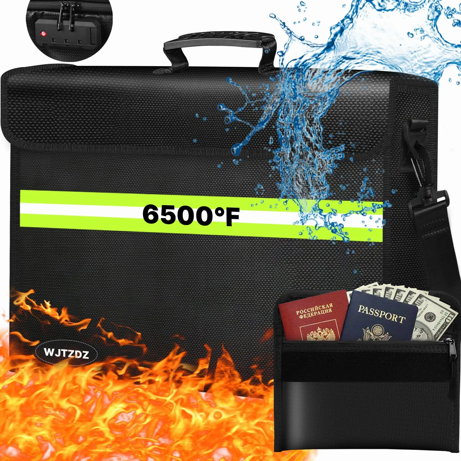 Borsa portadocumenti ignifuga, con scatola ignifuga a 9 strati con materiali isolanti e cerniera impermeabile, scomparti per cartelle rimovibili, striscia riflettente per contanti, documenti, gioielli