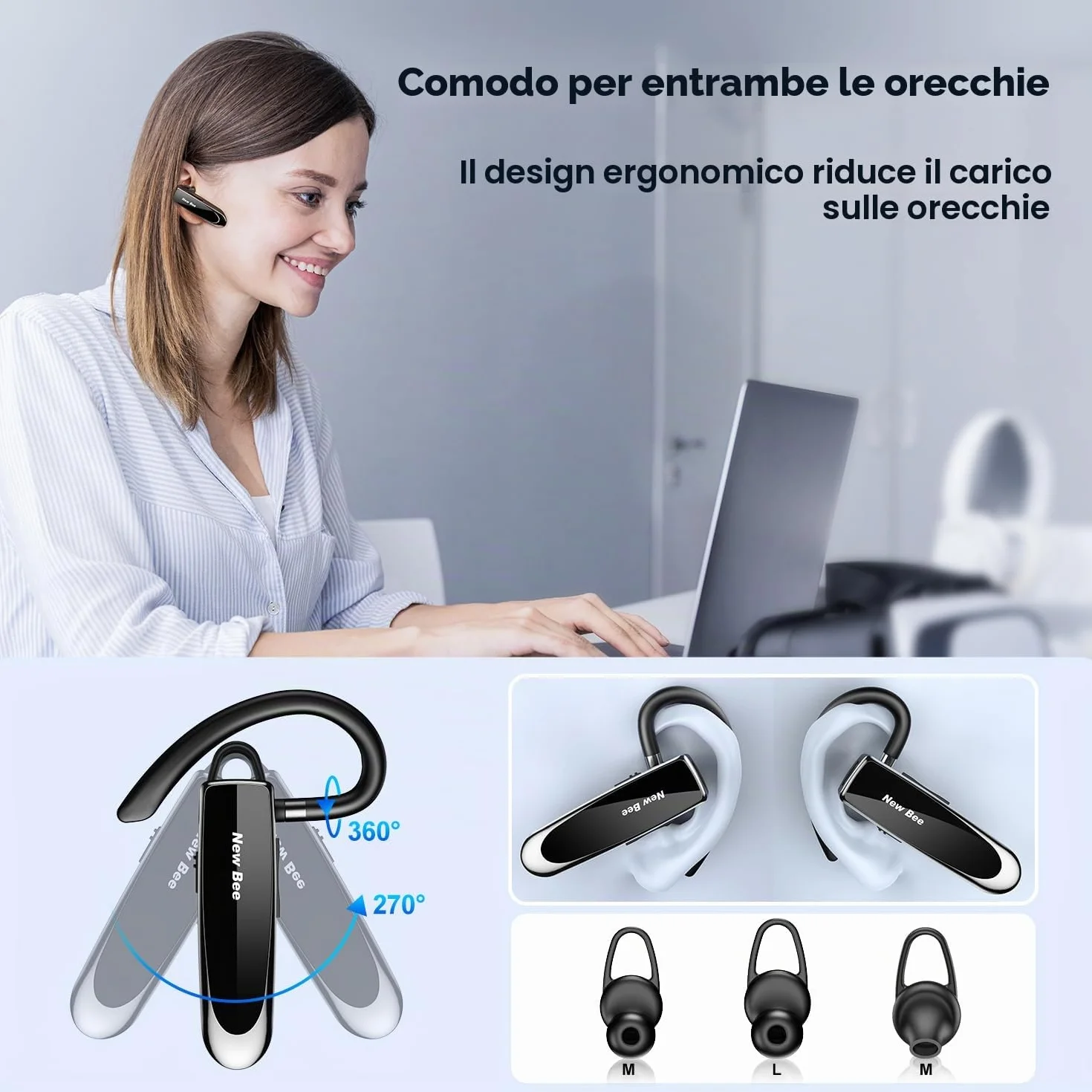 New Bee Auricolare Bluetooth V5.0 a mano libera auricolare Bluetooth con tecnologia di cattura vocale chiara Kit auricolare- invisibile per iPhone Samsung Huawei Sony ecc (nero)