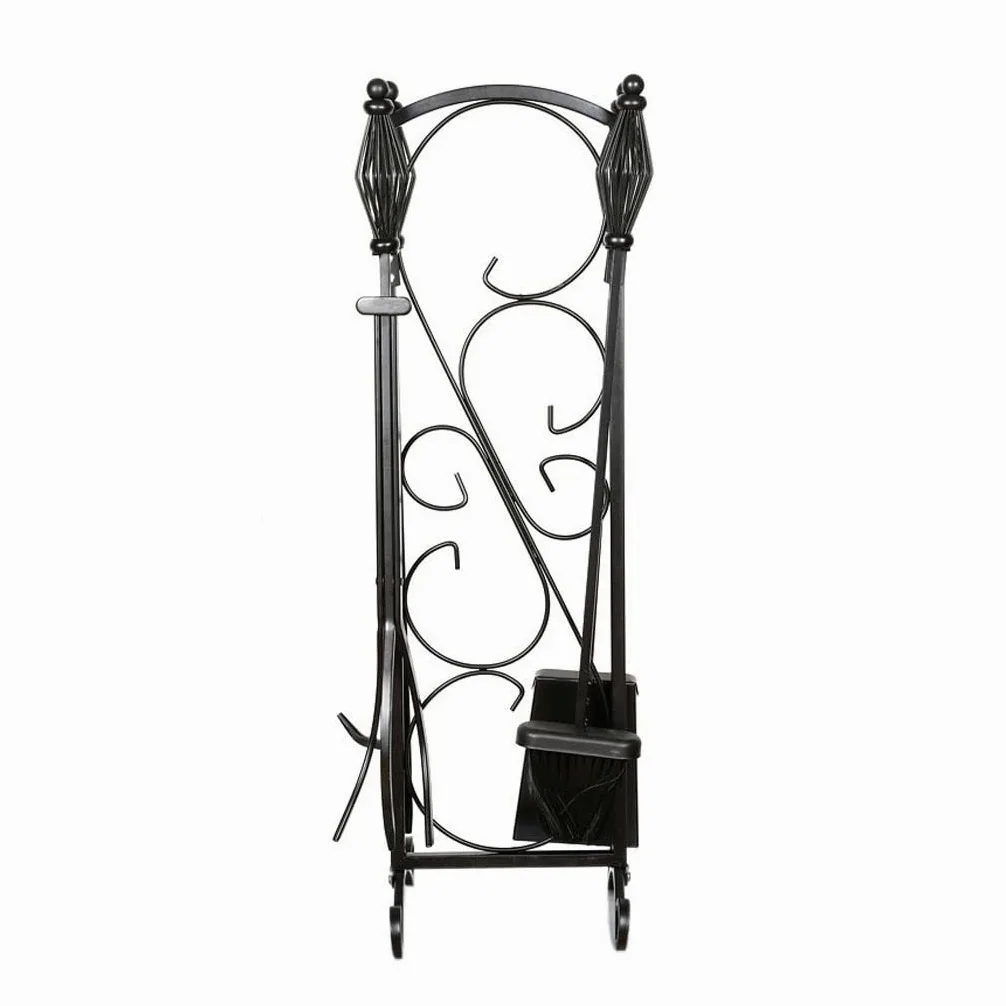 Set di 5 attrezzi per camino, accessori per camino, pinze, attizzatoio, base in metallo, pala e spazzola, adatto per stufe a legna per interni, decorazione in ferro battuto